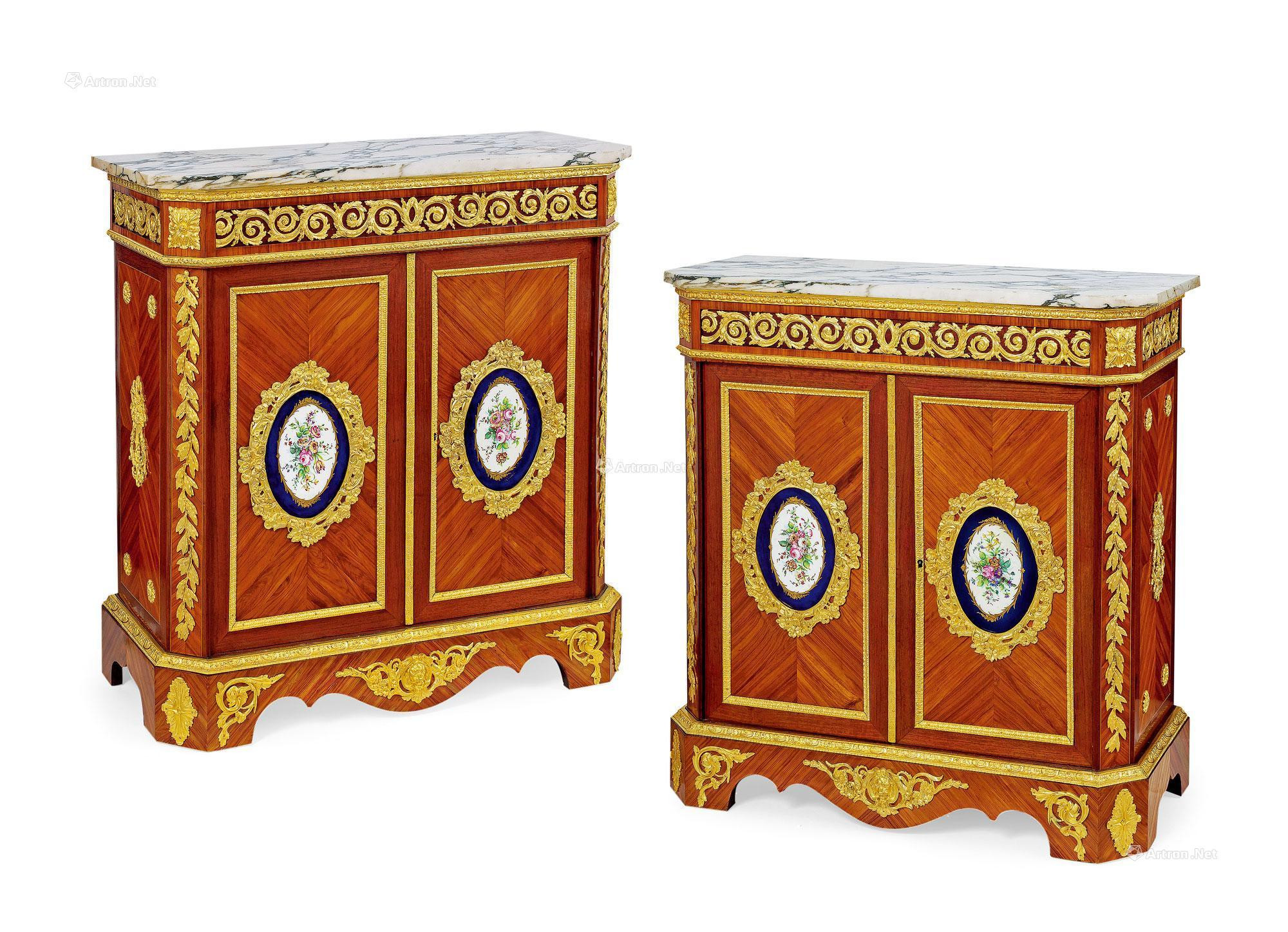 A PAIR OF FRENCH PORCELAIN PANEL INLAID SIDE CABINETS BY BEFORT JEUNE
