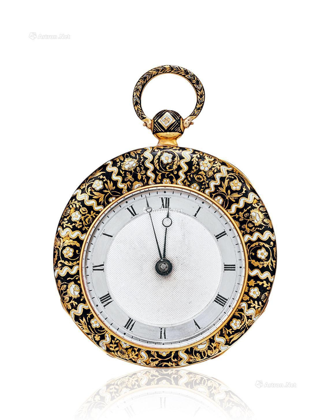 SWITZERLAND A YELLOW GOLD AND ENAMEL SET OPEN-FACED MANUALLY-WOUND POCKET WATCH