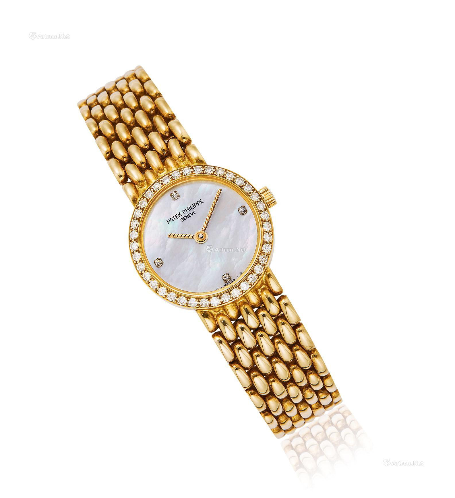 PATEK PHILIPPE A LADY’S YELLOW GOLD WITH DIAMOND-SET WRISTWATCH WITH MOTHER-OF-PEARL DIAL