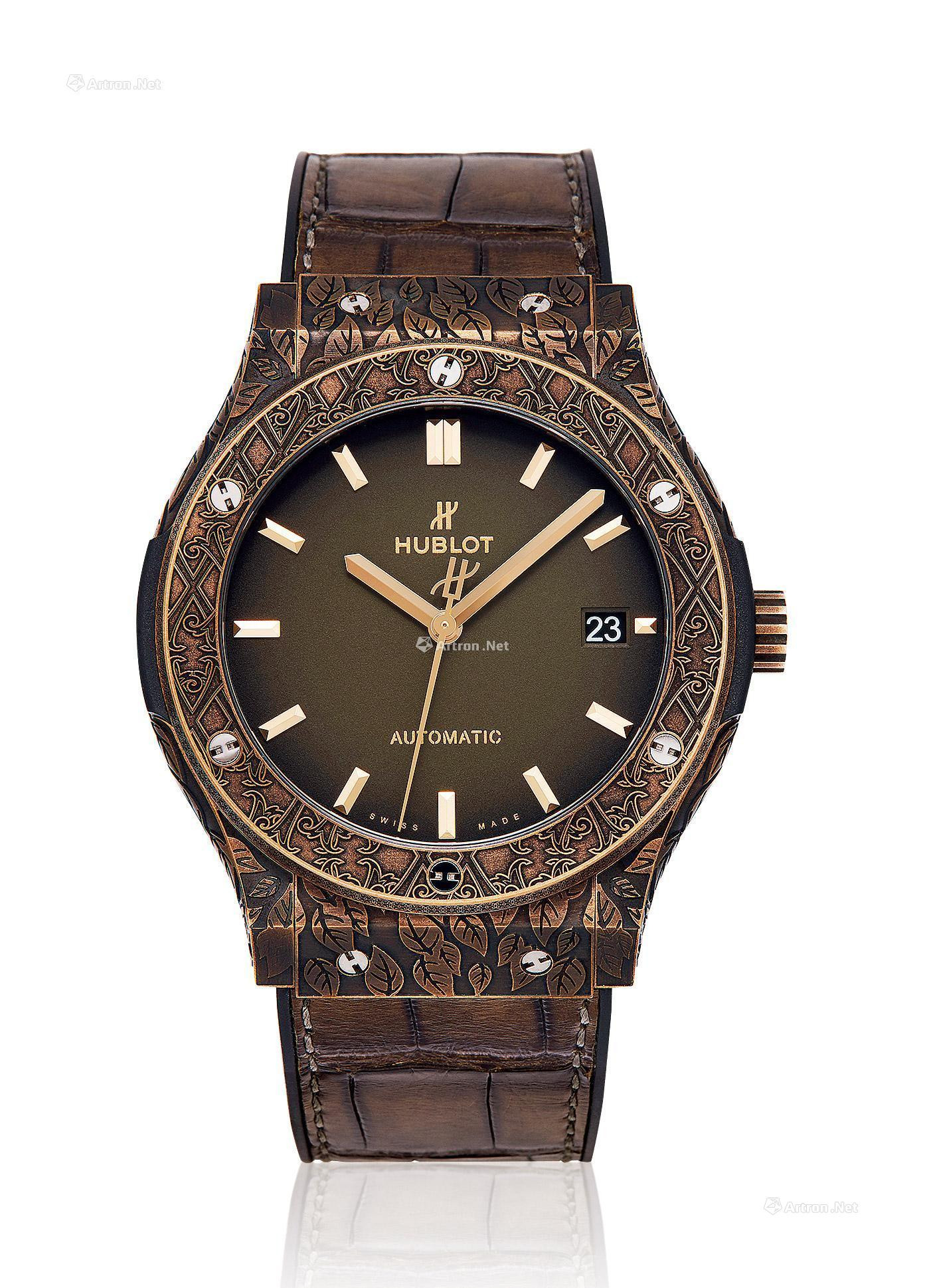 HUBLOT A BRONZE AUTOMATIC WRISTWATCH WITH DATE INDICATION AND RELIEF CASE