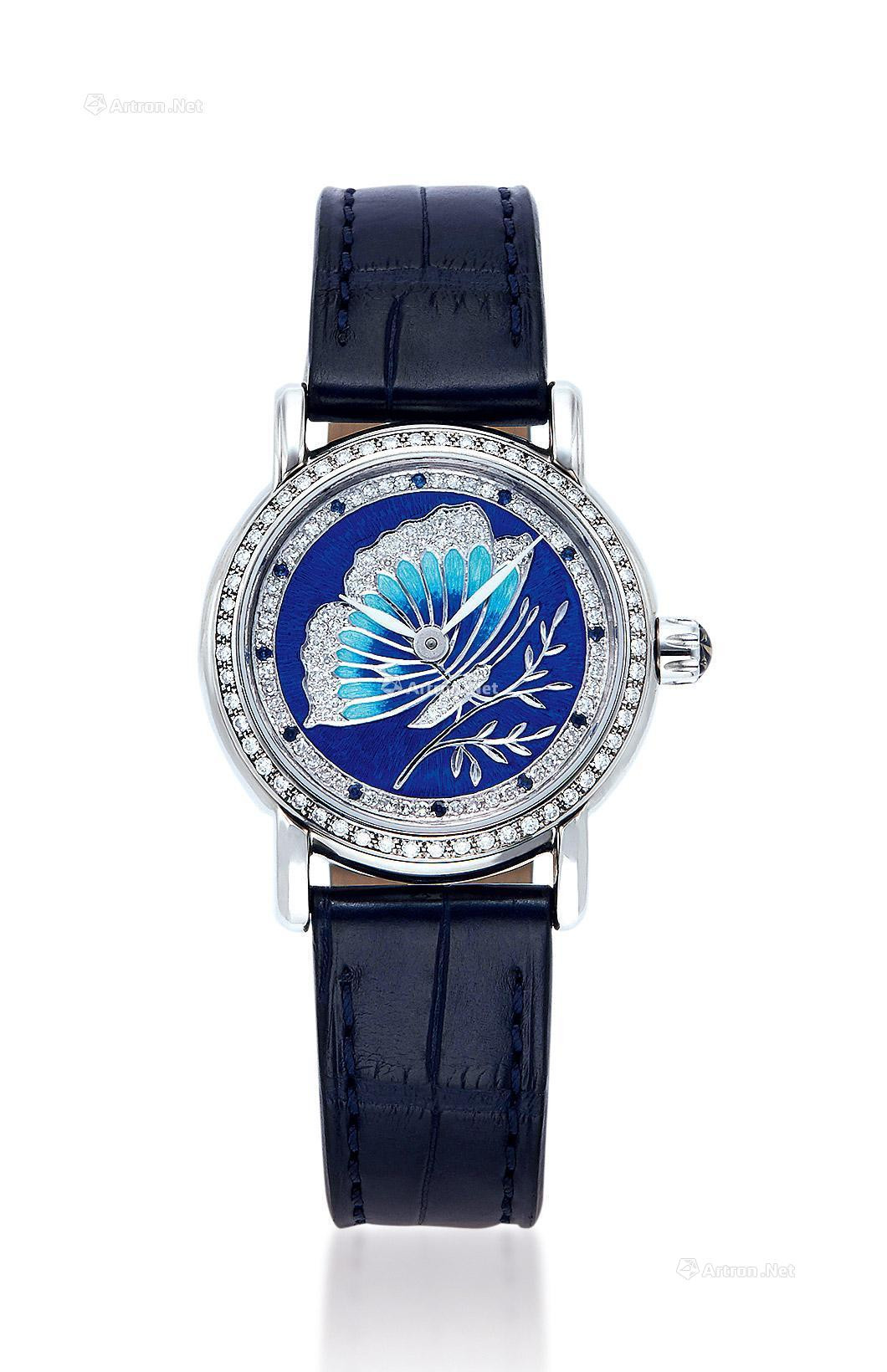 ULYSSE NARDIN A LADY’S WHITE GOLD， DIAMOND AND SAPPHIRE-SET AUTOMATIC WRISTWATCH WITH ENAMEL DIAL