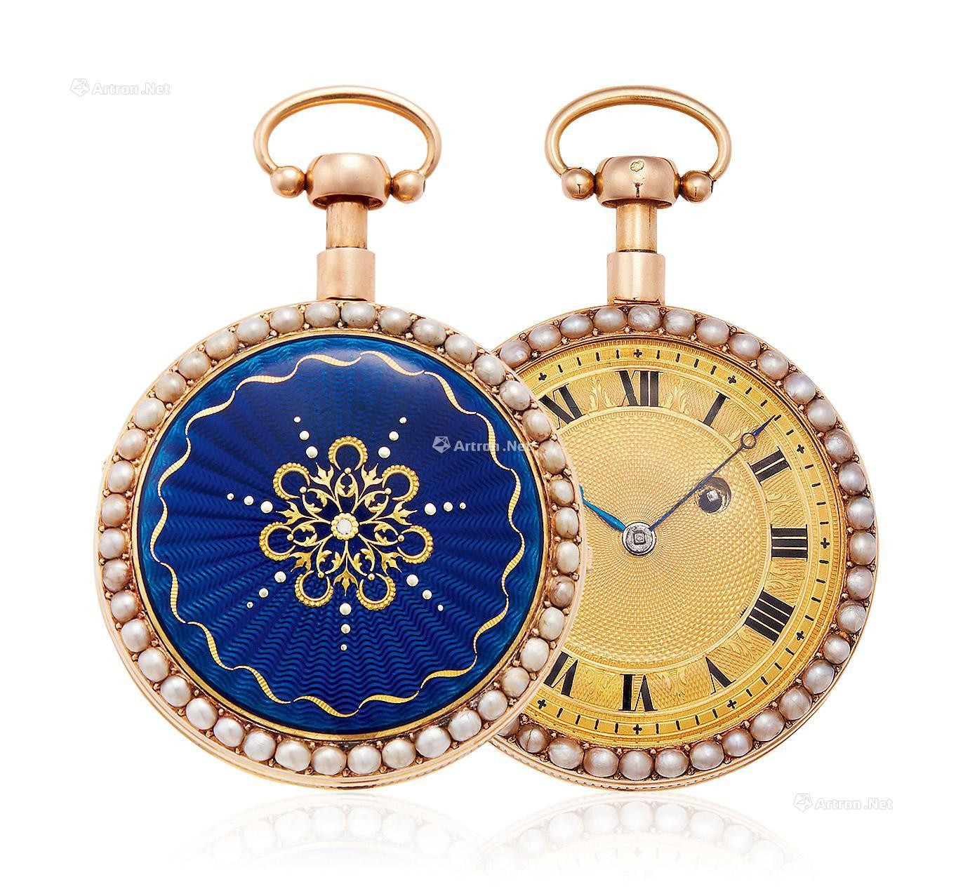 FRANCE A YELLOE GOLD OPEN-FACED MANUALLY-WOUND POCKET WATCH WITH PEAEL-SET AND ENAMEL CASE AND QUARTER REPEATING