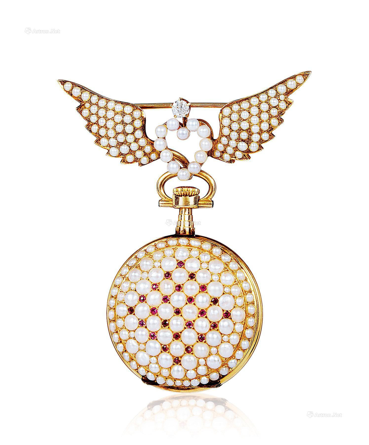 BAILEY BANKS & BIDDLE CO. A YELLOW GOLD， PEARL， RUBY-SET BROOCH STYLE POCKET WATCH WITH ENAMEL DIAL