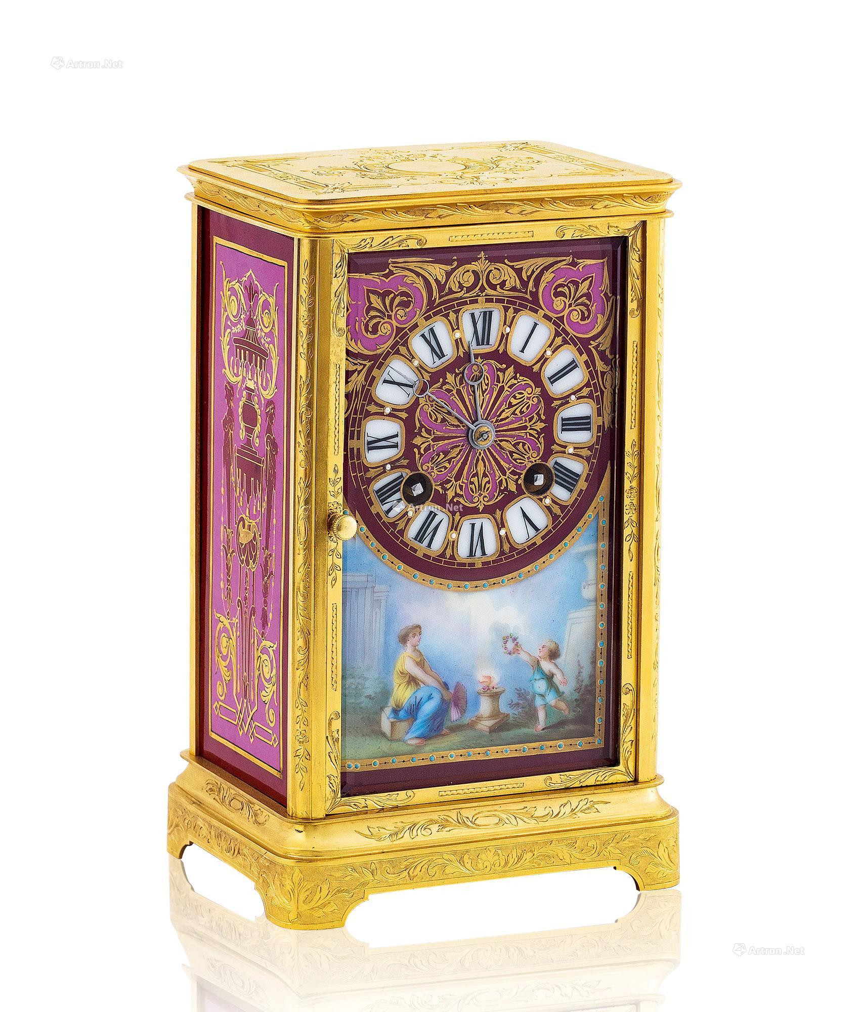 A FRENCH GILT BRONZE AND PORCELAIN PANEL-SET MANUALLY-WOUND TABEL CLOCK
