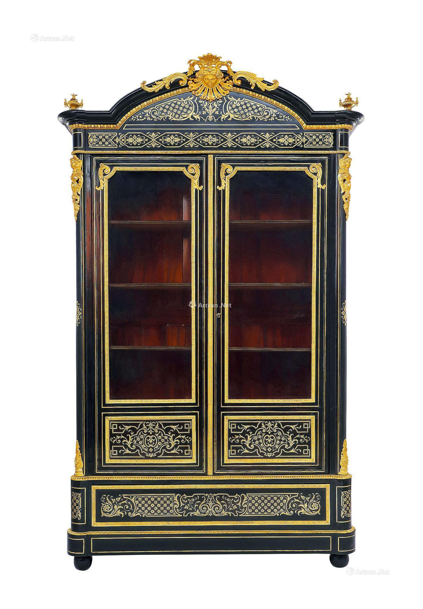 A FRENCH BOULLE STYLE GILT BRONZE MARQUETRY EBONY VITRINE