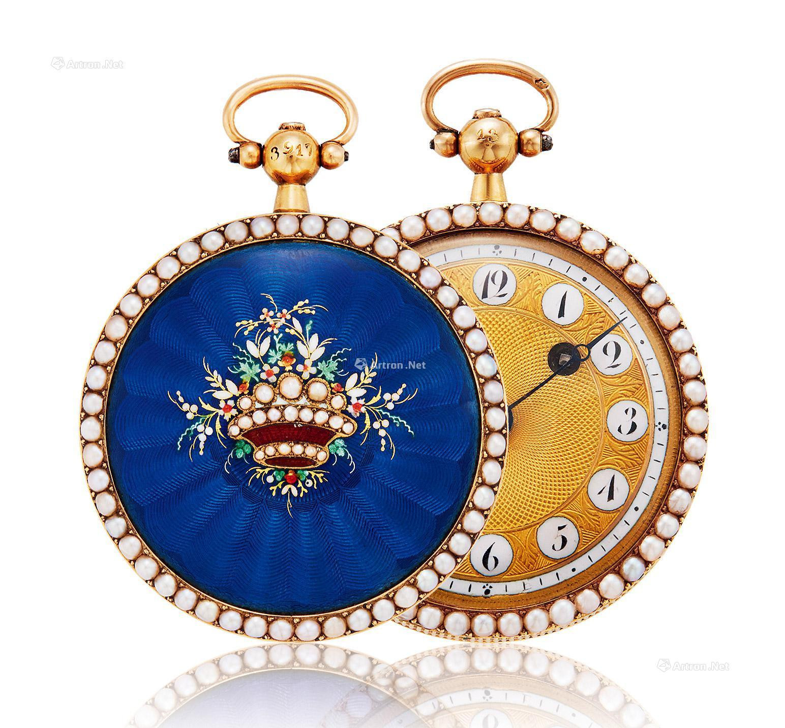 SWITZERLAND A YELLOW GOLD OPEN-FACED MANUALLY-WOUND POCKET WATCH WITH ENAMEL AND PEARL-SET CASE