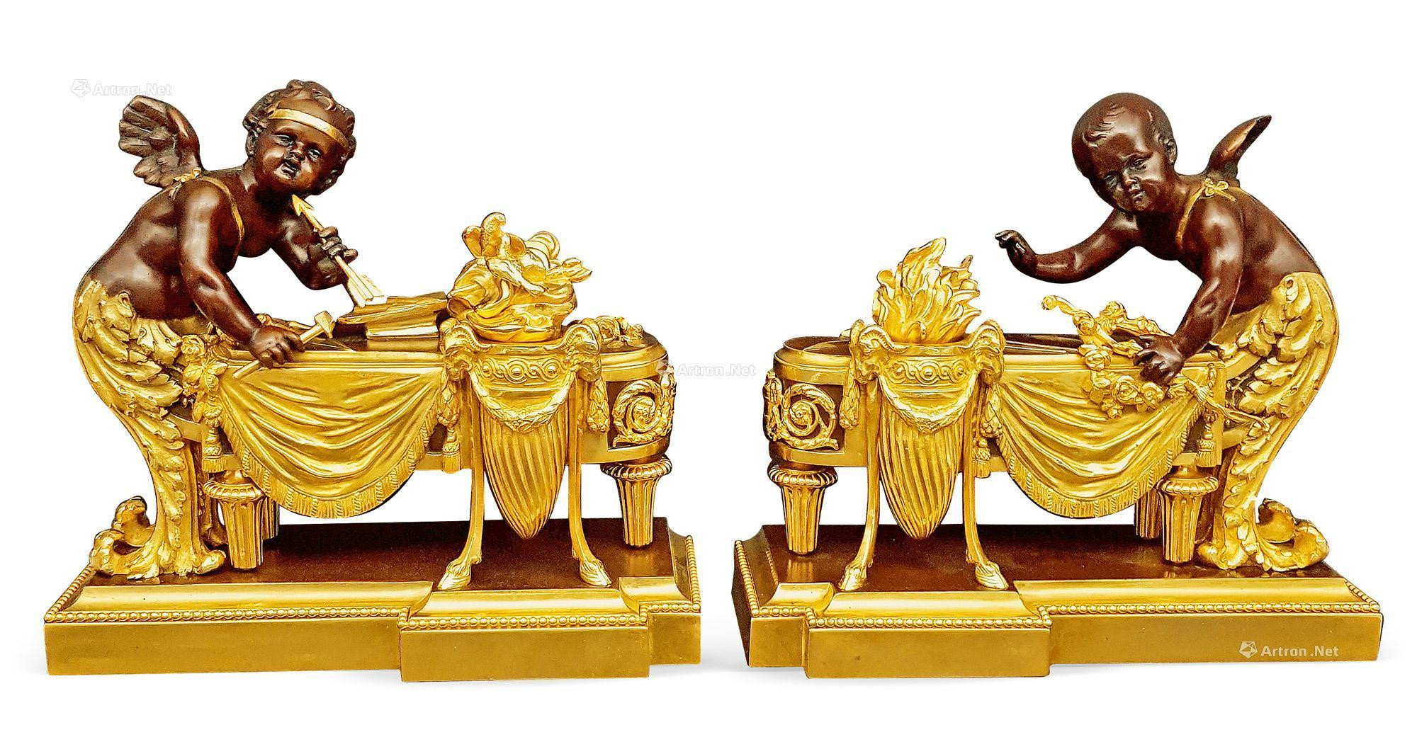 A PAIR OF FRENCH GILT BRONZE CHERUBS FIREPLACE ANDRIONS