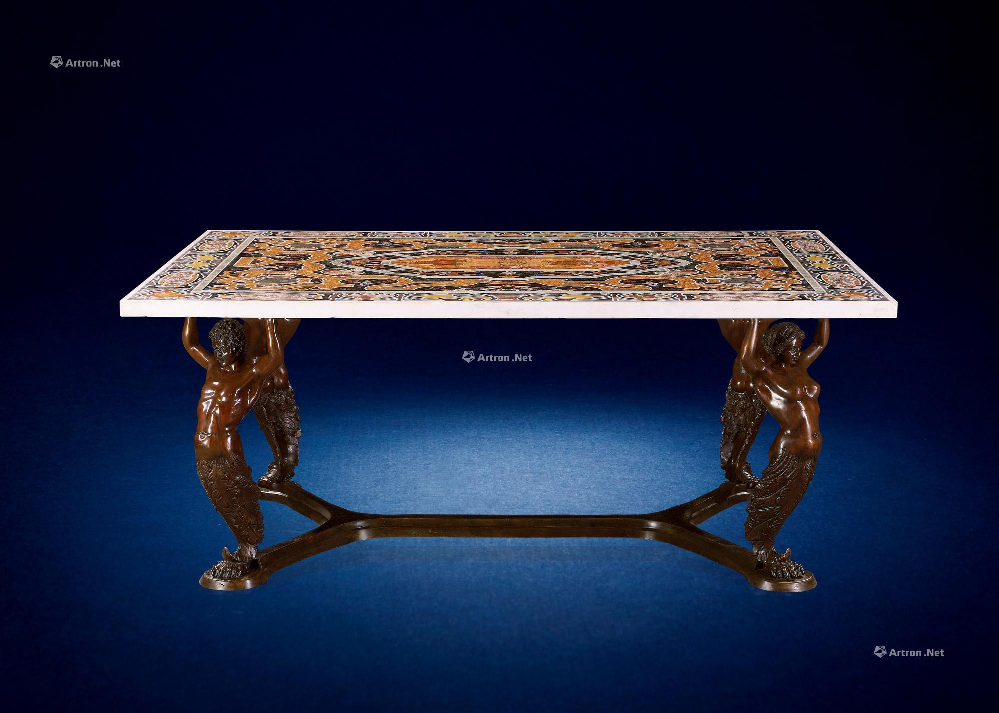 A MARBLE MARQUETRY AND CAST BRONZE SCULPTURE LEG DINNING TABLE