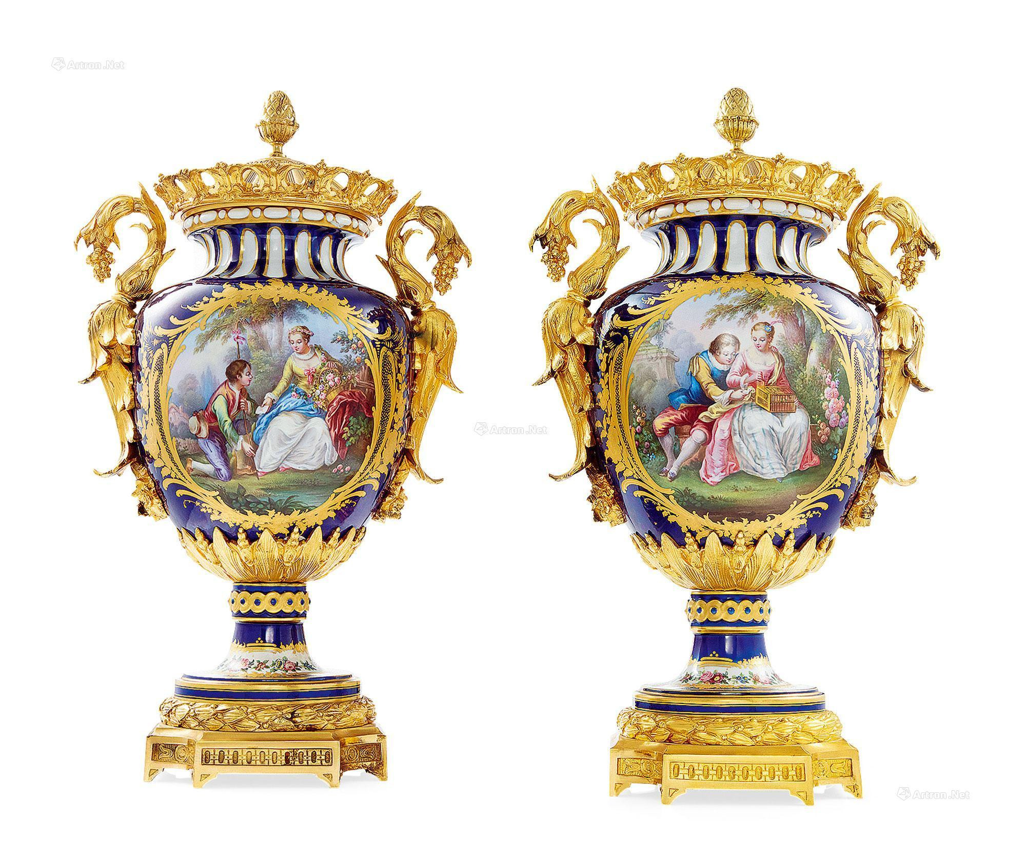 A PAIR OF GERMAN DRESDEN HAND PAINTED PORCELAIN DECORATIVE VASES