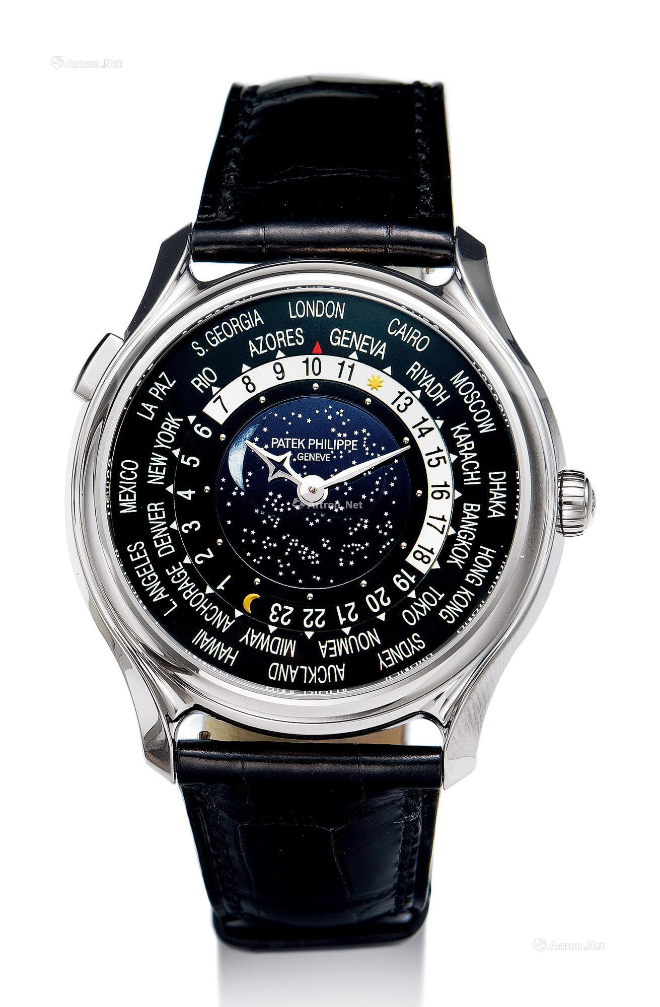 PATEK PHILIPPE A WHITE GOLD AUTOMATIC WRISTWATCH WITH MOON-PHASE AND WORLD TIME INDICATION SPECIALLY FOR 175TH ANNIVERSARY