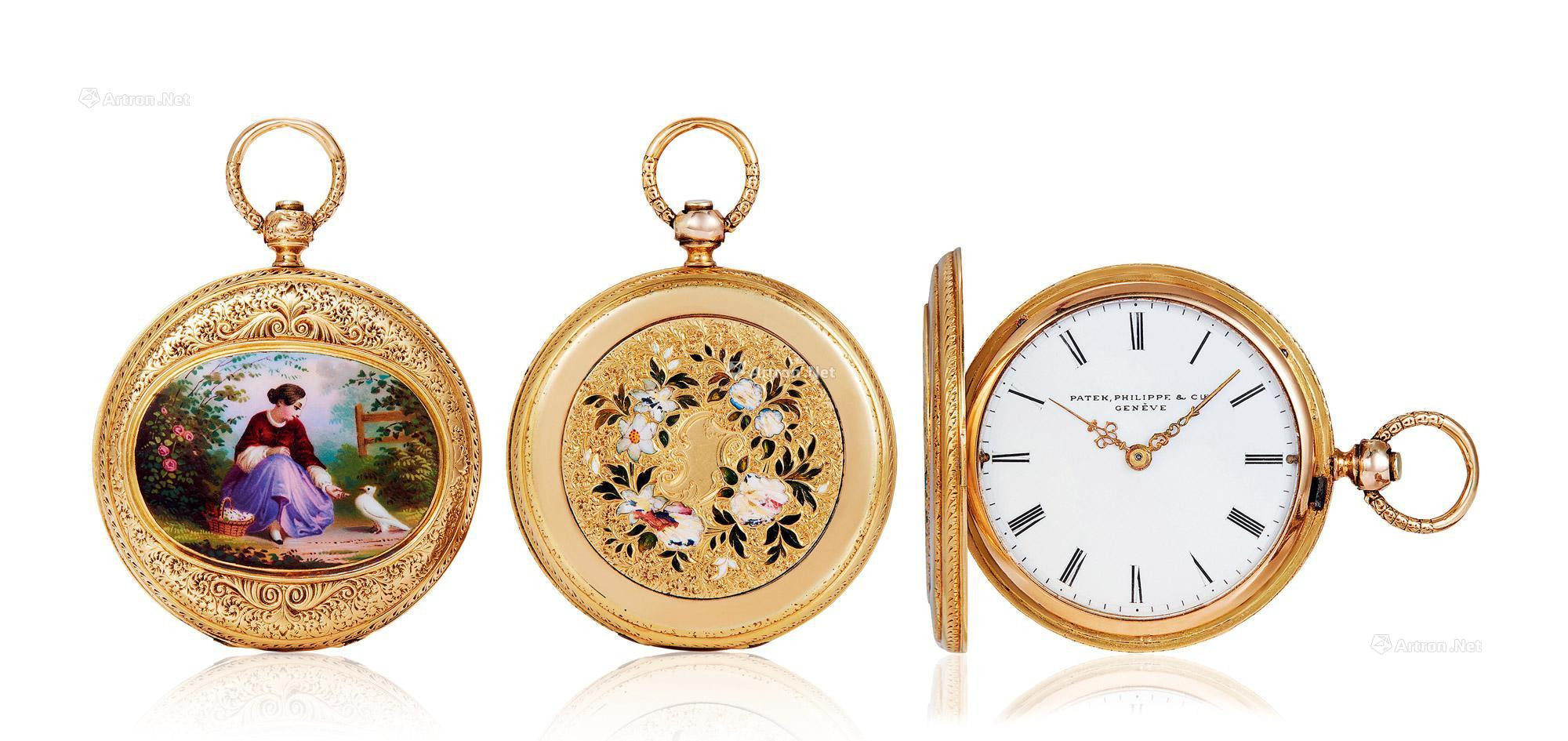 PATEK PHILIPPE A YELLOW GOLD MANUALLY-WOUND POCKET WATCH WITH ENAMEL CASE OF BOTH SIDES