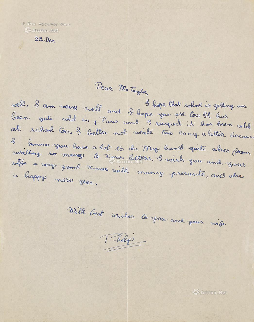 Autographed letter by The Prince Philip， the“Queen Elizabeth’s husband”， to the headmaster of Chem Preparatory Primary School when he was 10 years old， with COA