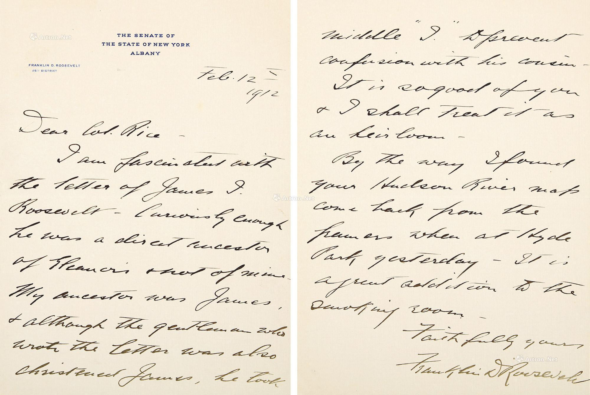 Autographed letter by Franklin D.Roosevelt， the“One of the greatest presidents of the United States”， with COA