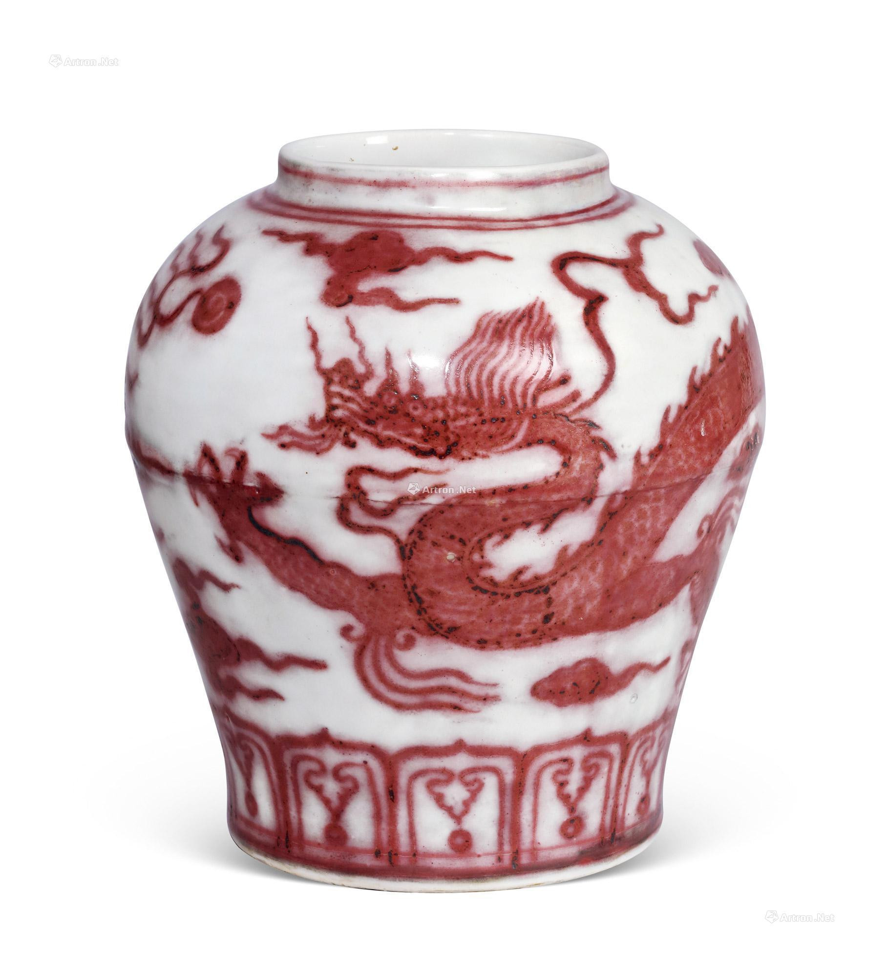 A VERY RARE UNDERGLAZED-RED CARVED‘DRAGON AND CLOUD’JAR