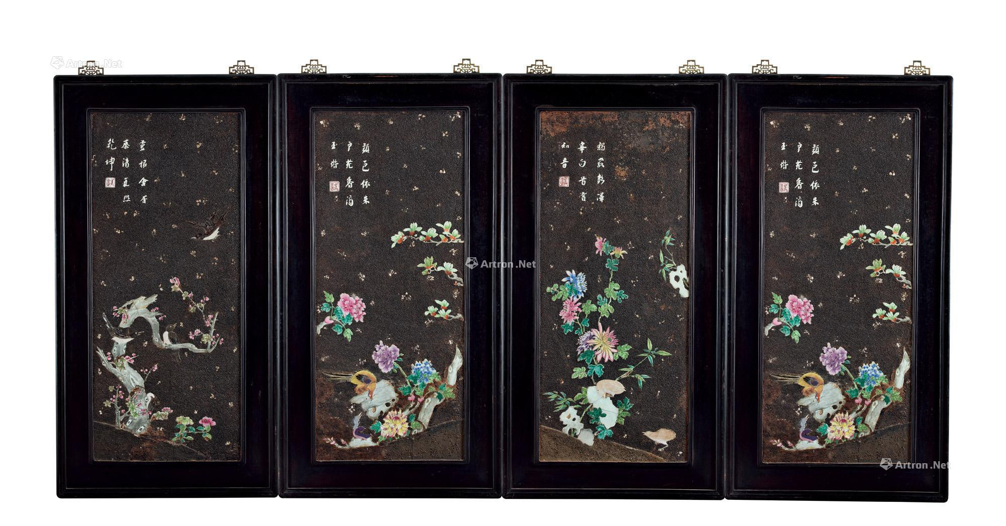 A SET OF FOUR PIECES LACQUER PANELS INLAID WITH FAMILLE-ROSE ‘FLORAL AND BIRDS’ PORCELAIN