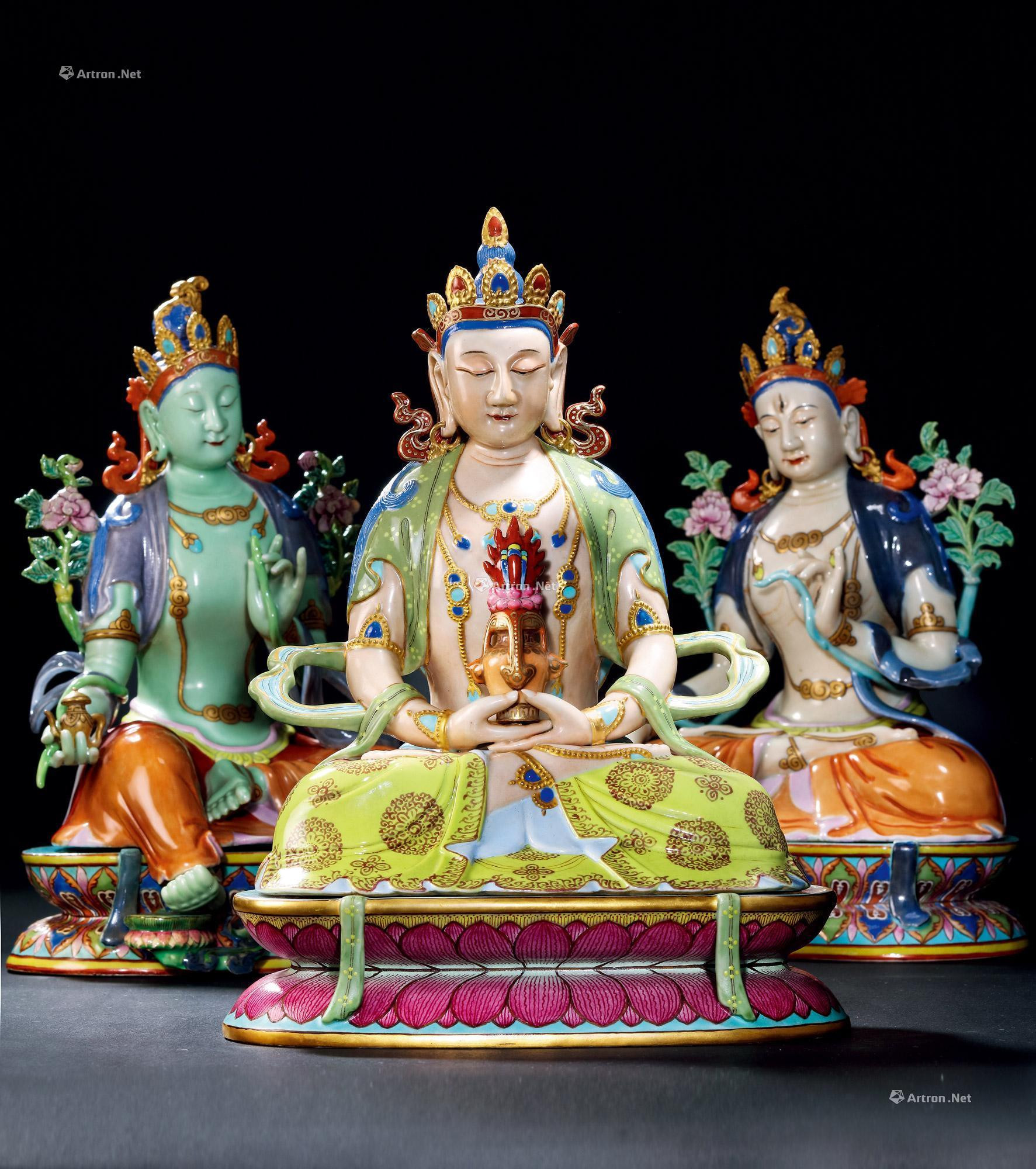 A SET OF THREE PIECES OF EXTREMELY RARE AND IMPERIAL FAMILLE-ROSE FIGURES OF AMITAYUS，SITA-TARA AND SYAMA-TARA