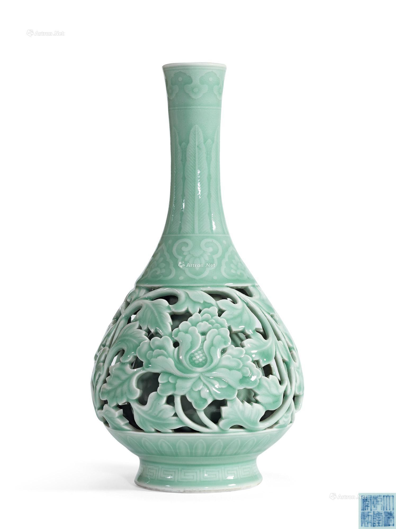 AN EXTREMELY RARE IMPERIAL CELADON-GLAZED RETICULATED PEAR SHAPED ‘PEONY’ VASE