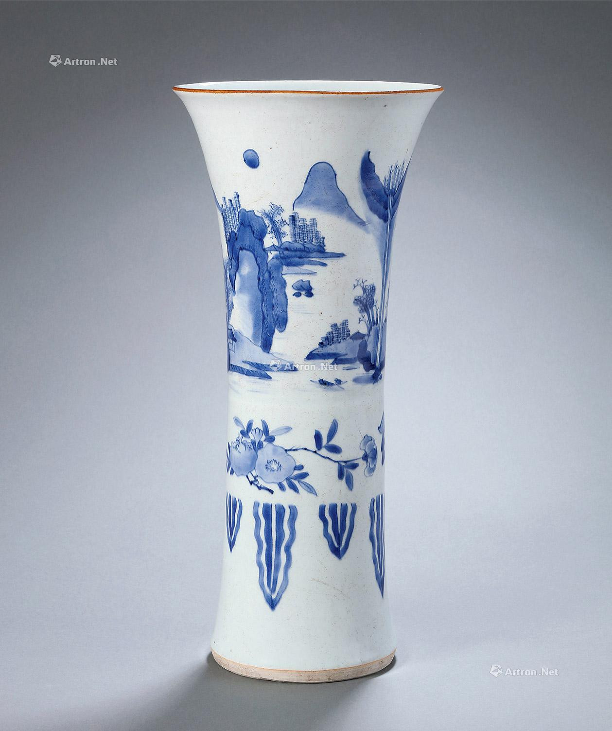 A BLUE AND WHITE LANDSCAPE AND FLOWERS VASE