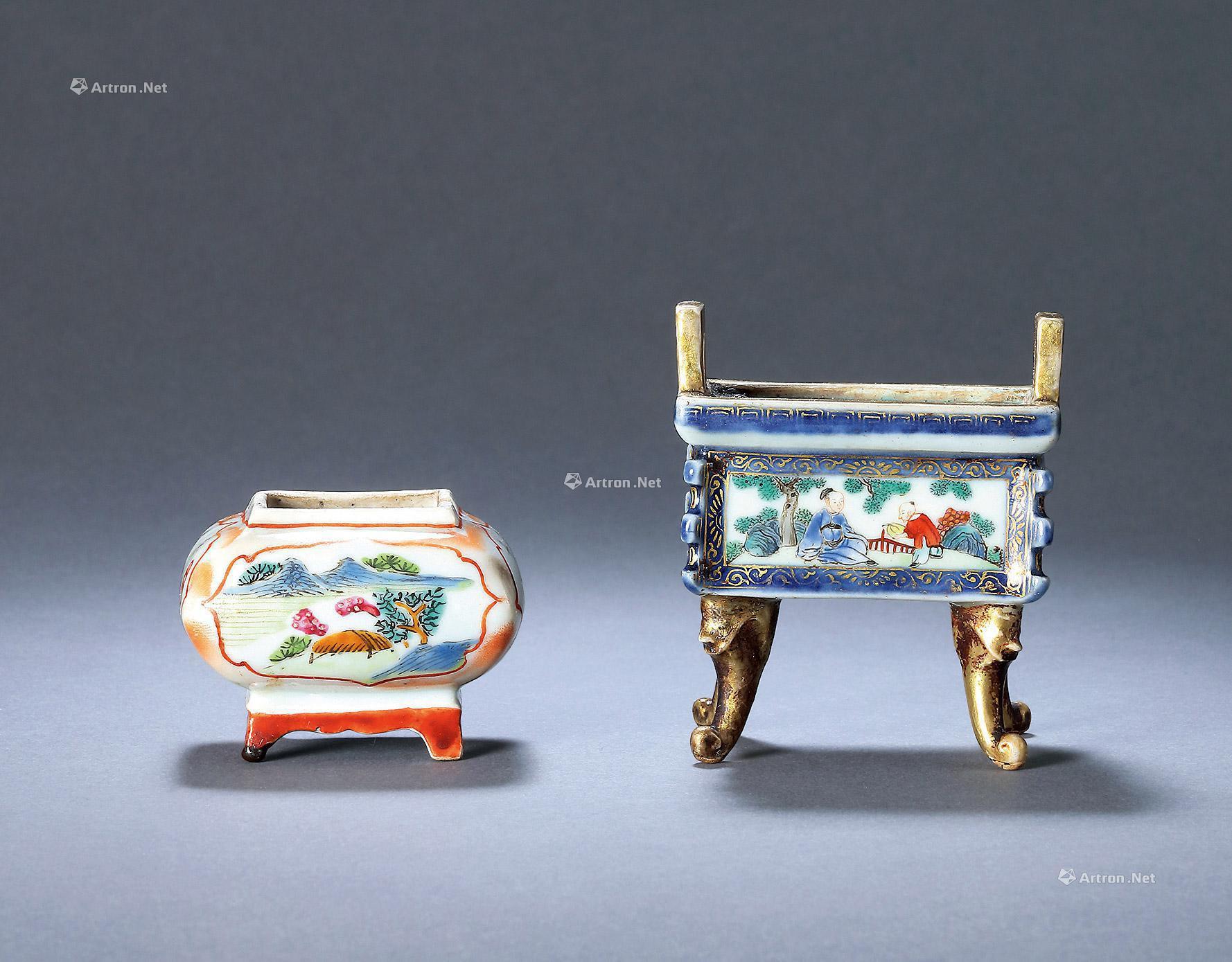 A SET OF TWO BLUE-AND-WHITE AND FAMILLE ROSE CENSER AND WATER POT