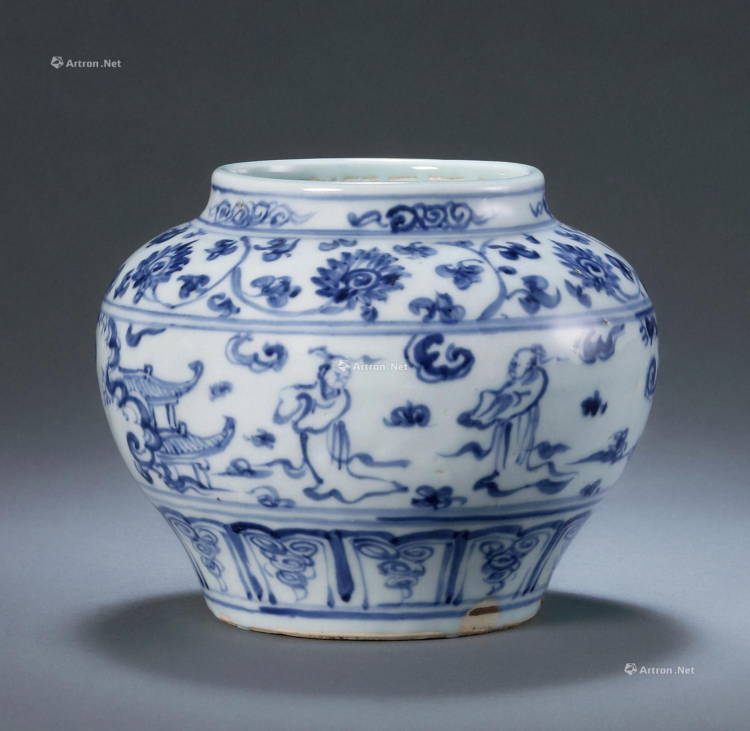 A BLUE AND WHITE FIGURES POT