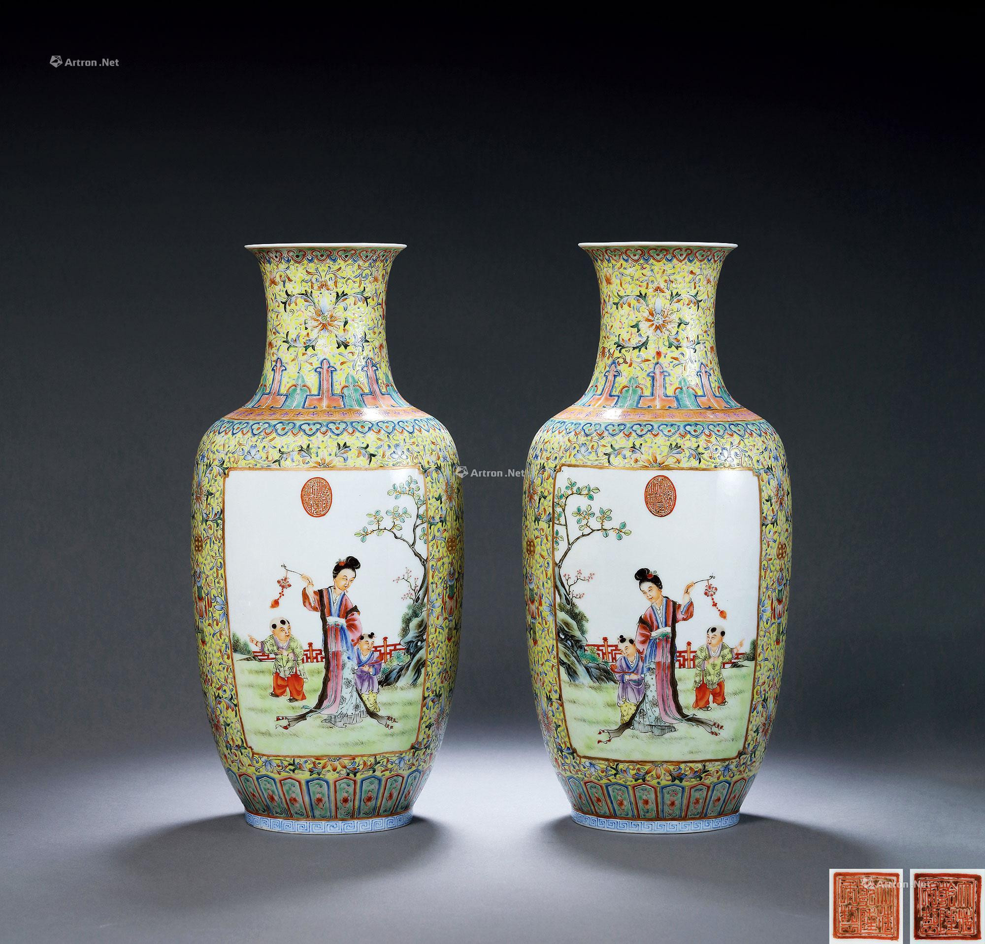 A PAIR OF  YELLOW GROUND AND FAMILLE-ROSE VASES