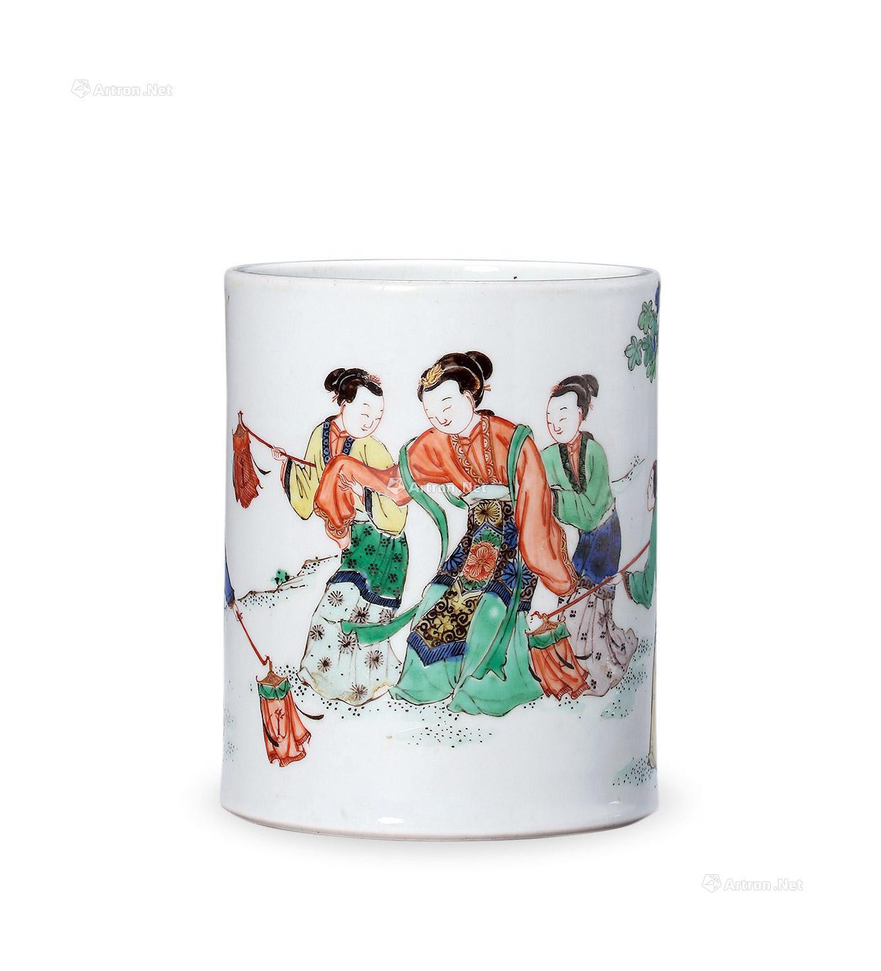 A WUCAI BRUSH POT WITH PRINTED DRUNKENED CONCUBINE