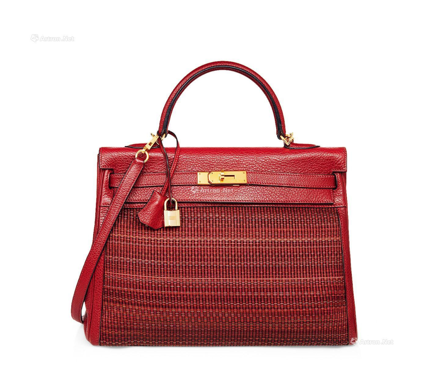 HERMES 2002　A RED LEATHER AND CRINOLINE KELLY 35 WITH PALLADIUM HARDWARE