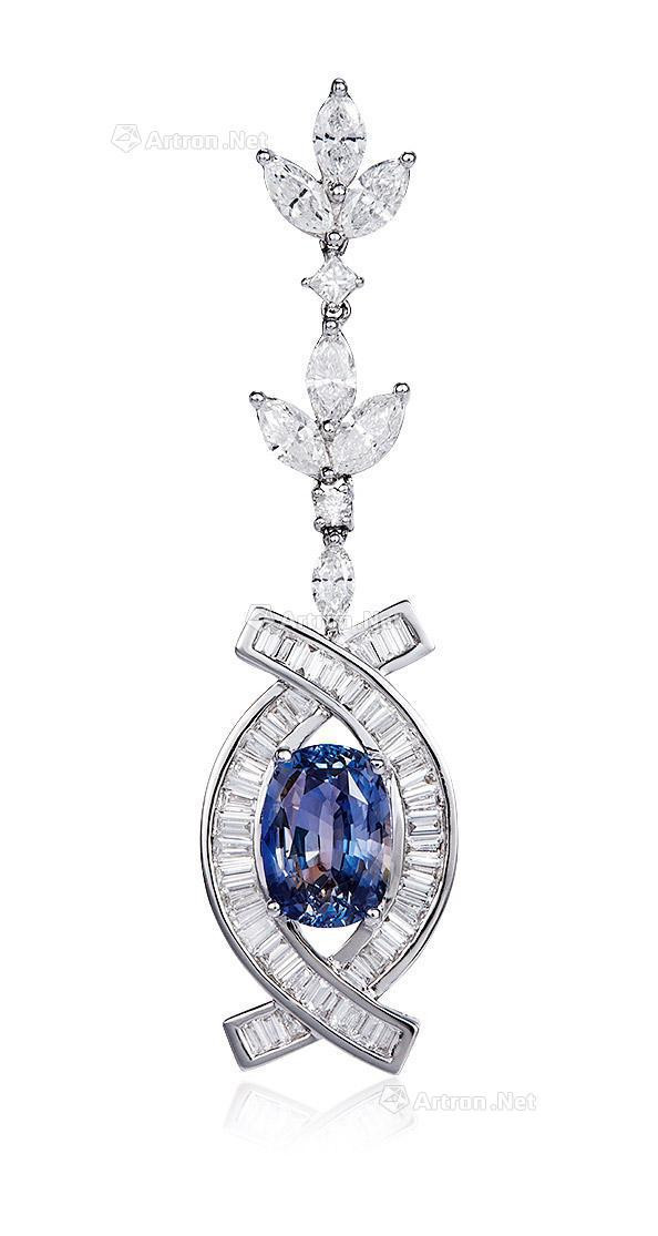 A 5.07 CARAT SAPPHIRE AND DIAMOND PENDANT MOUNTED IN 18K WHITE GOLD