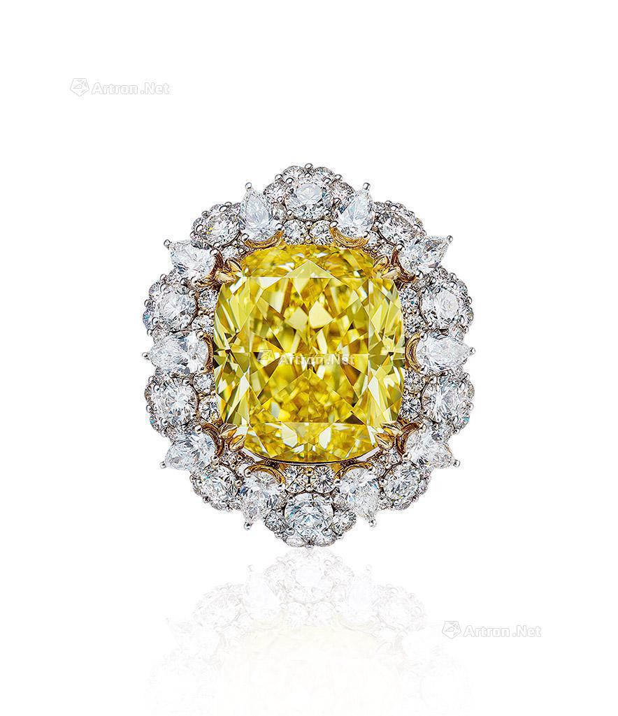 A 41.08 CARAT FANCY INTENSE YELLOW DIAMOND AND DIAMOND RING/PANDENT MOUNTED IN 18K WHITE AND YELLOW GOLD