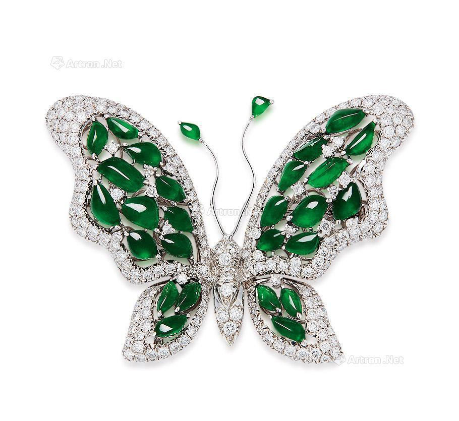 A BURMESE JADEITE AND DIAMOND ‘BUTTERFLY’ BROOCH MOUNTED IN 18K WHITE GOLD