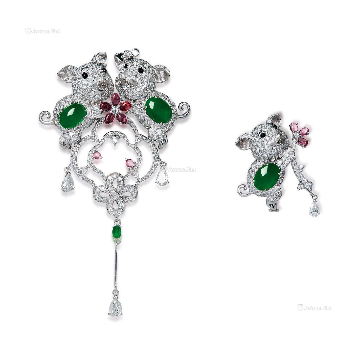 A BURMESE JADEITE，DIAMOND AND COLORED BROOCH MOUNTED IN 18K WHITE GOLD