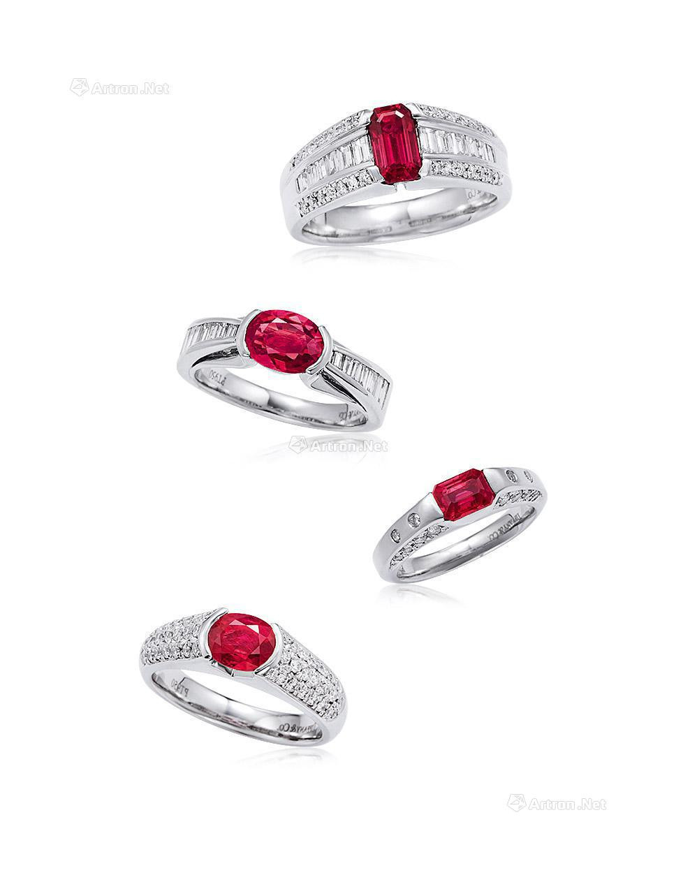 A SET OF FOUR RUBY AND DIAMOND RINGS MOUNTED IN PLATINUM
