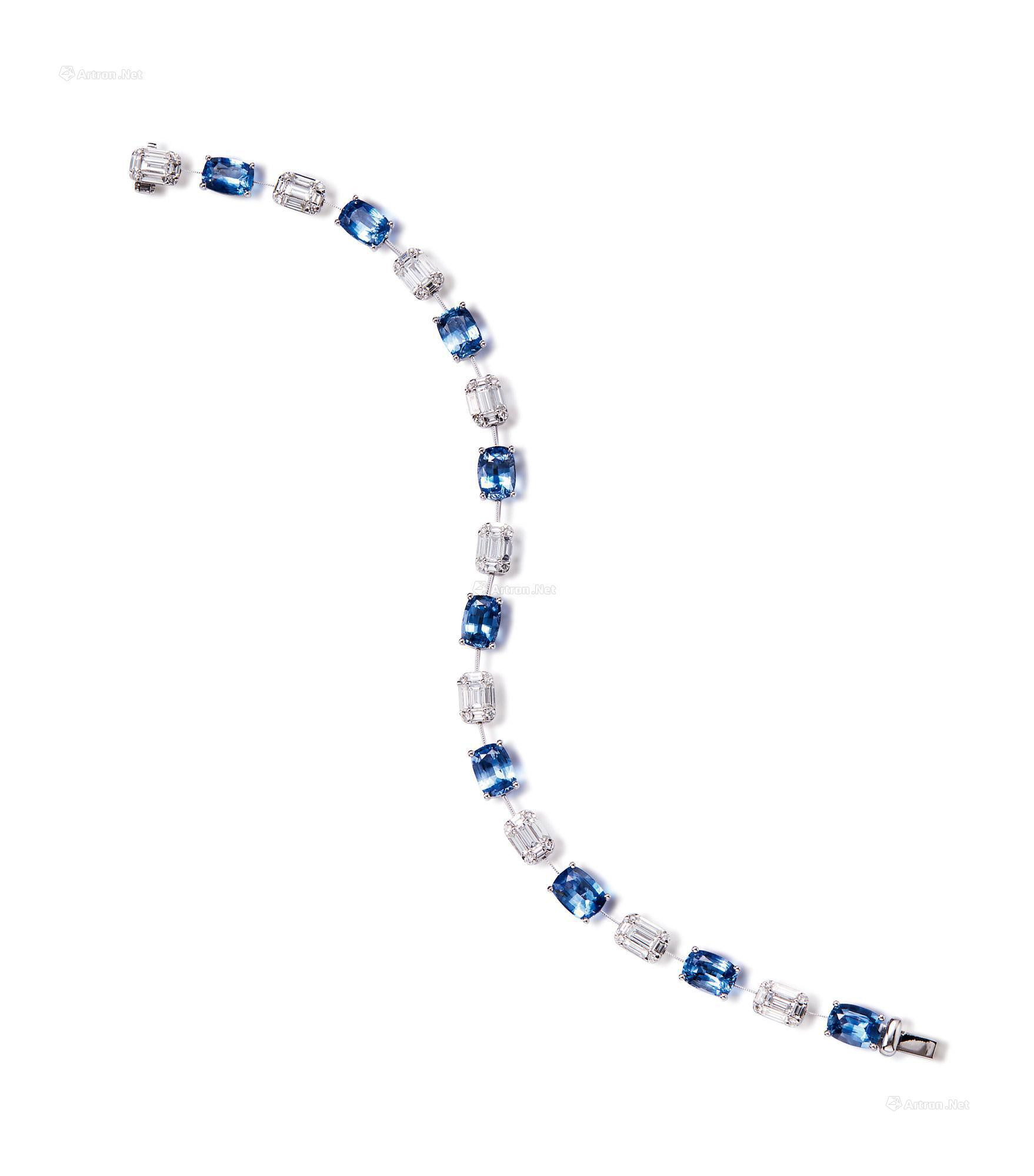 AN ALTOGETHER WEIGHING 8.43 CARATS SAPPHIRE AND DIAMOND BRACELET MOUNTED IN 18K WHITE GOLD