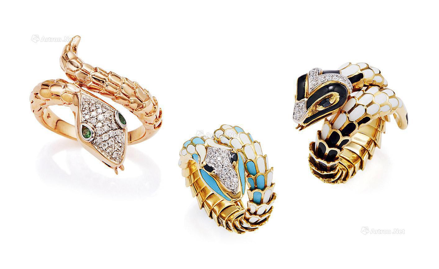 A SET OF ENAMEL AND DIAMOND ‘SNAKE’ RINGS MOUNTED IN 18K GOLD