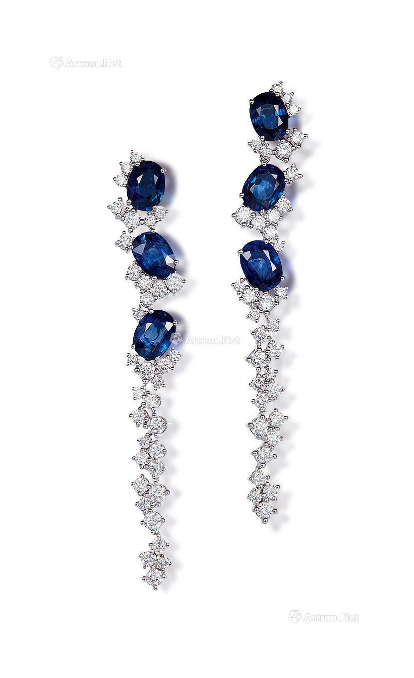 A PAIR OF ALTOGETHER WEIGHING 5.98 CARATS SAPPHIRE AND DIAMOND EAR PENDANTS MOUNTED IN 18K WHITE GOLD