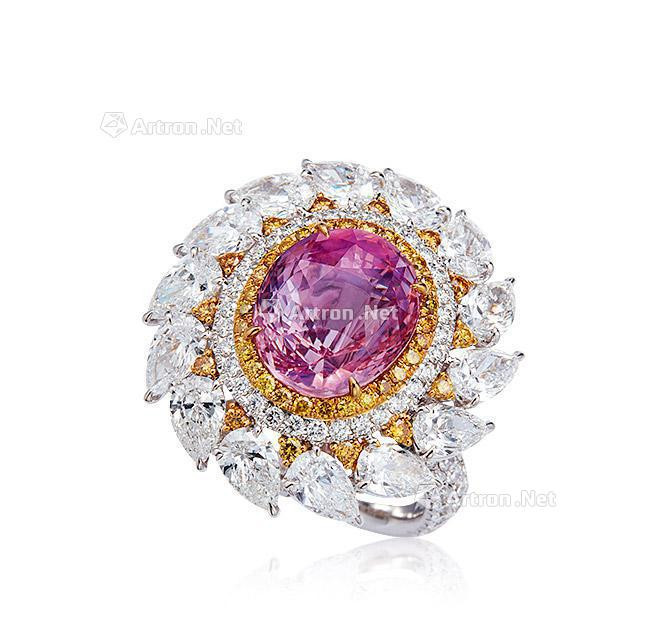 A 7.57 CARAT ‘ORANGY-PINK’ PADPARADCHA AND DIAMOND RING MOUNTED IN 18K WHITE GOLD，WITH NO INDICATIONS OF HEATING