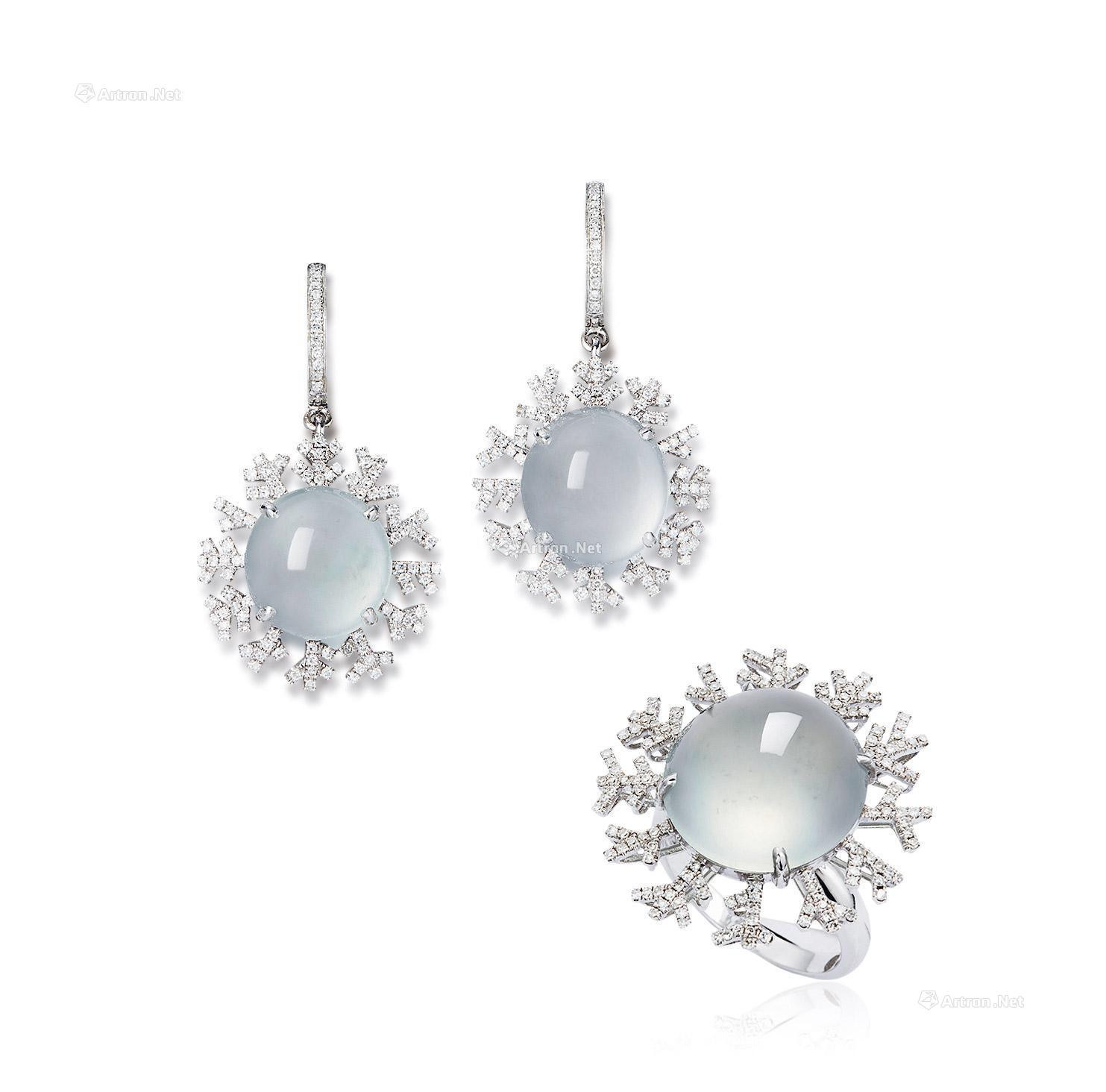 A SET OF ICY JADEITE AND DIAMOND RING AND EAR PENDANT MOUNTED IN 18K WHITE GOLD