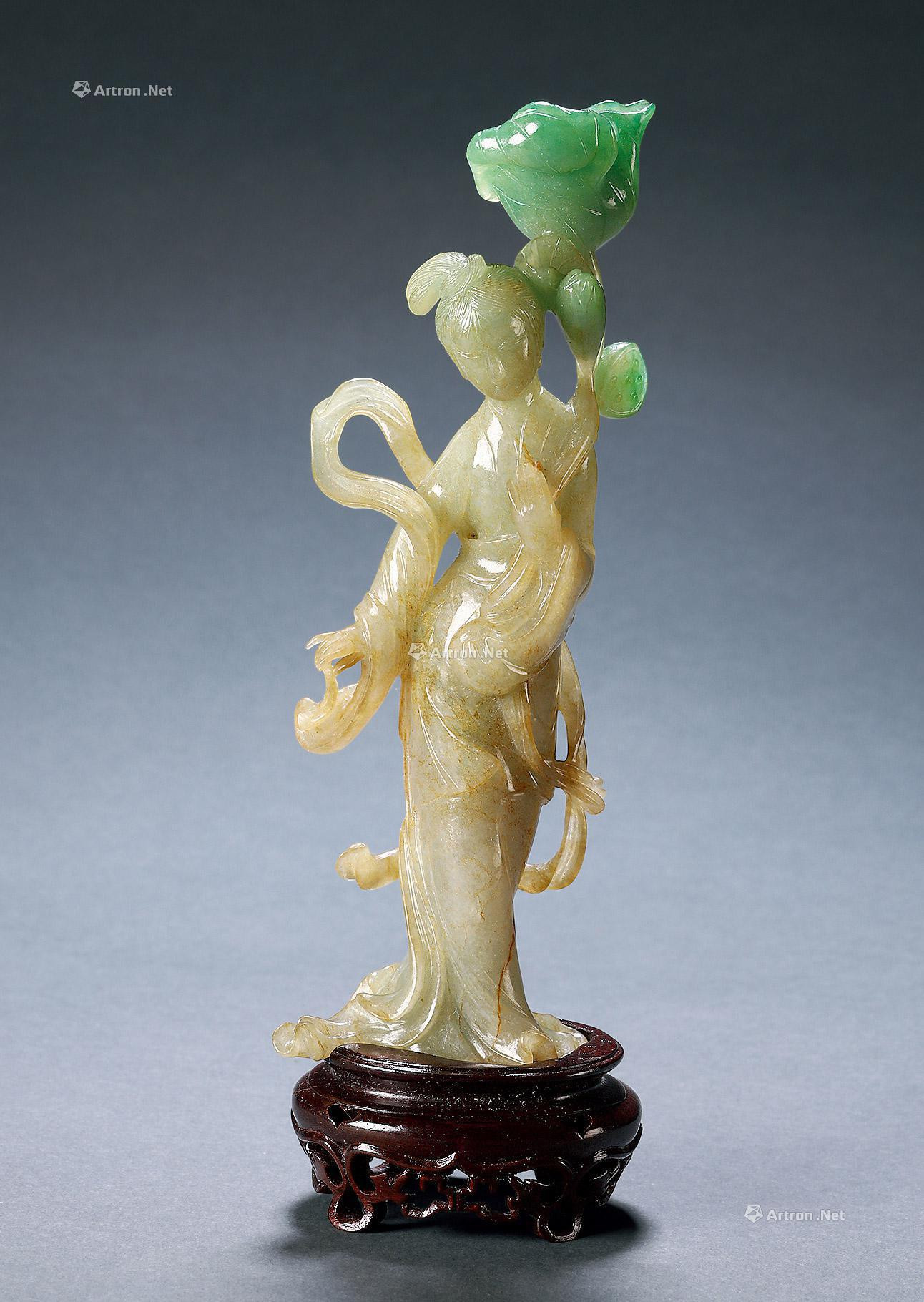 JADEITE CARVED PENDANT WITH DESIGN OF LADY WITH FLOWER