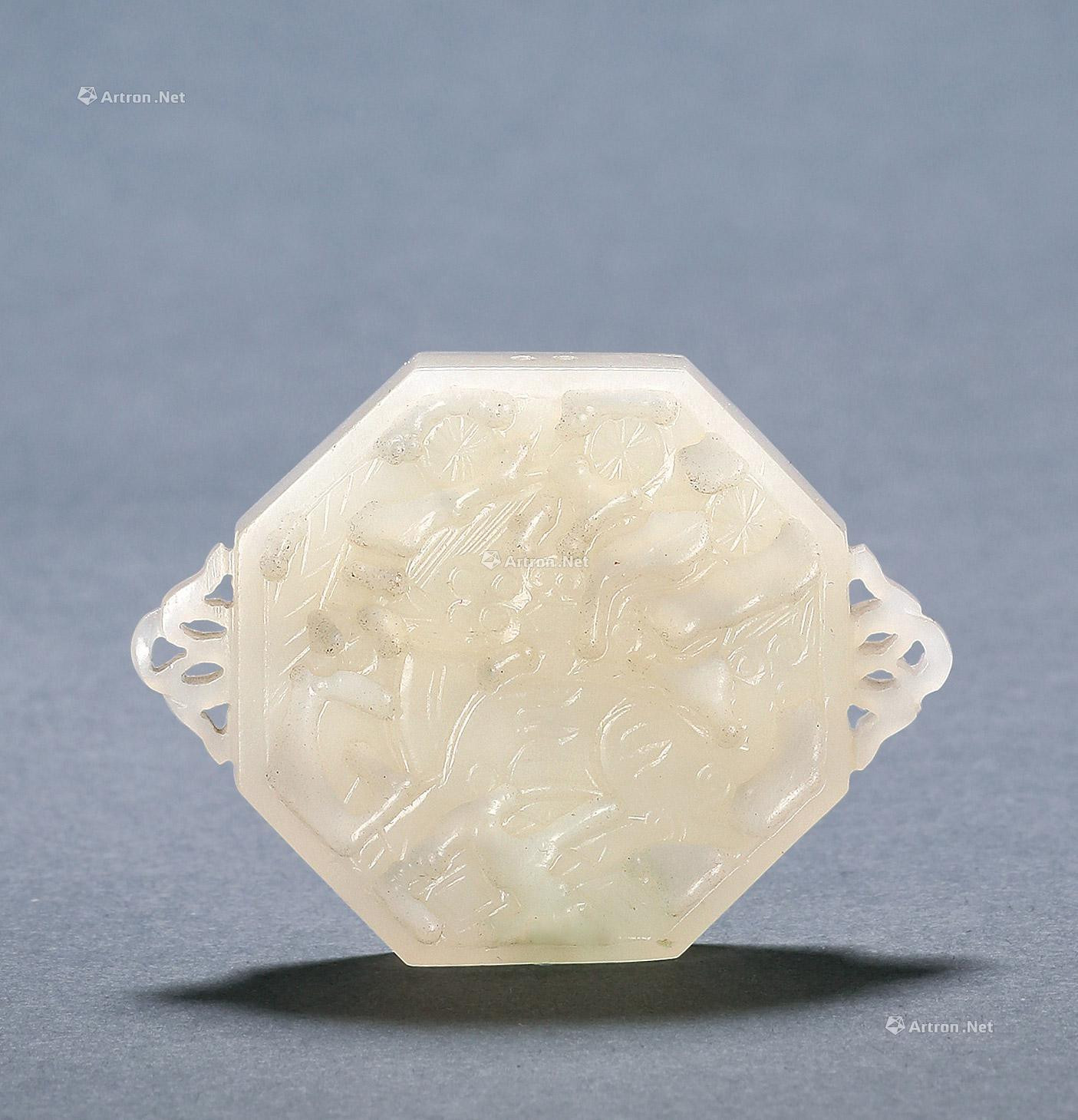 WHITE JADE CARVED OCTAGON PLATE WITH DESIGN OF KYLIN AND DEERS