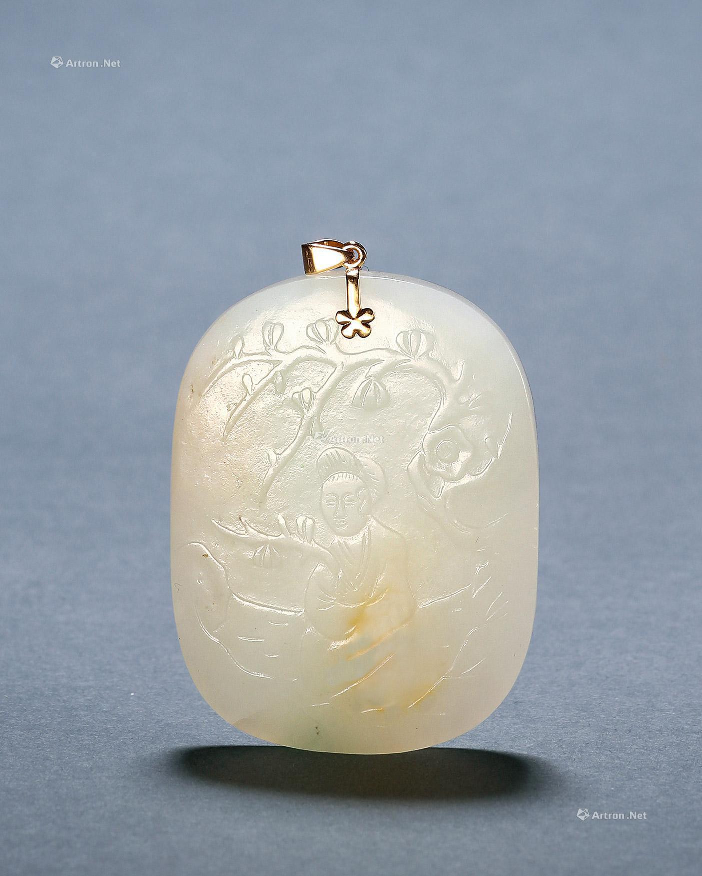 WHITE JADE CARVED PLATE WITH DESIGN OF LADY AND POETRY