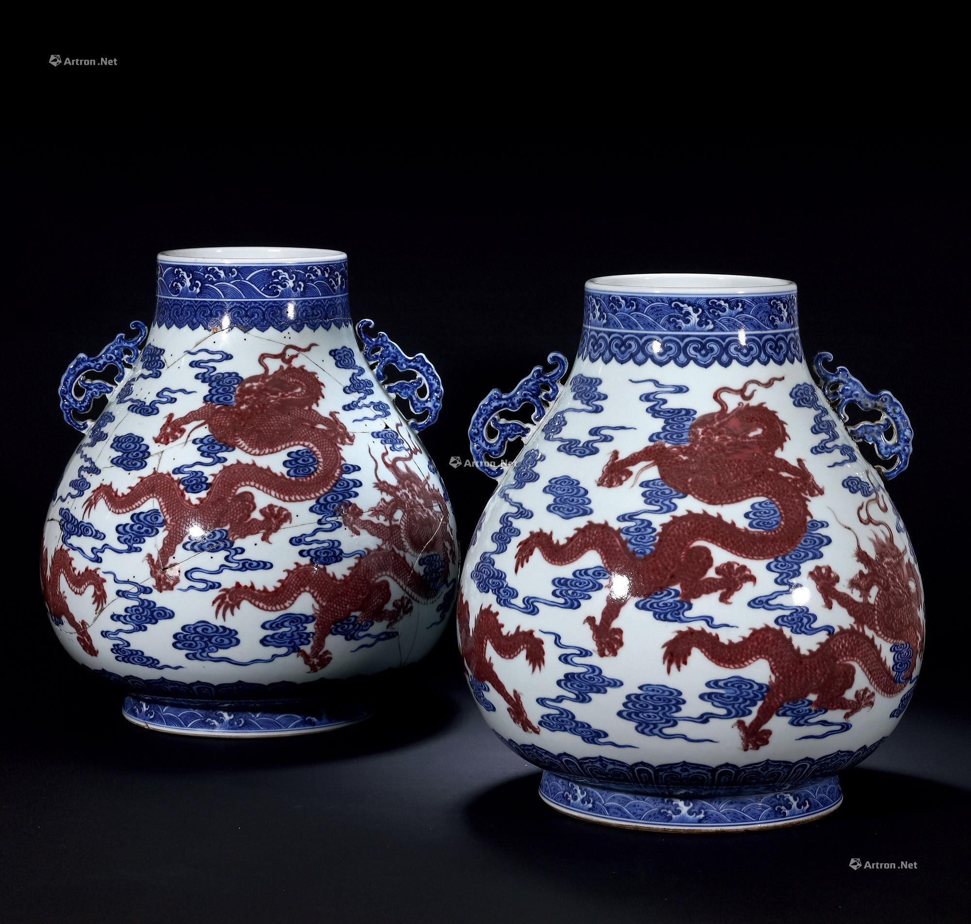 A PAIR OF COPPER-RED AND UNDERGLAZE-BLUE‘DRAGON’HANDLED VASES，ZUN