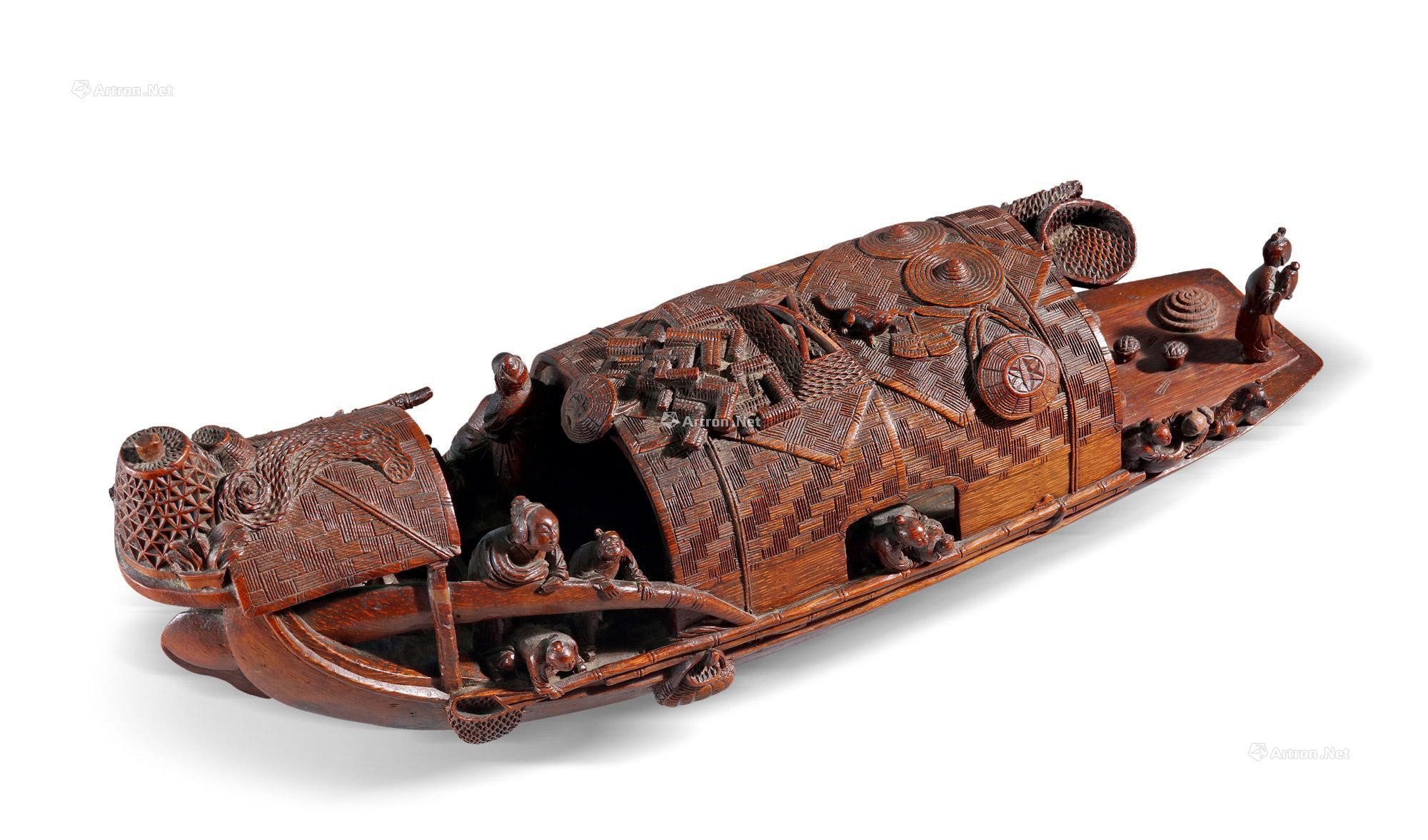 A CARVED BAMBOO BOAT-FORM SCHOLAR SCULPTURE