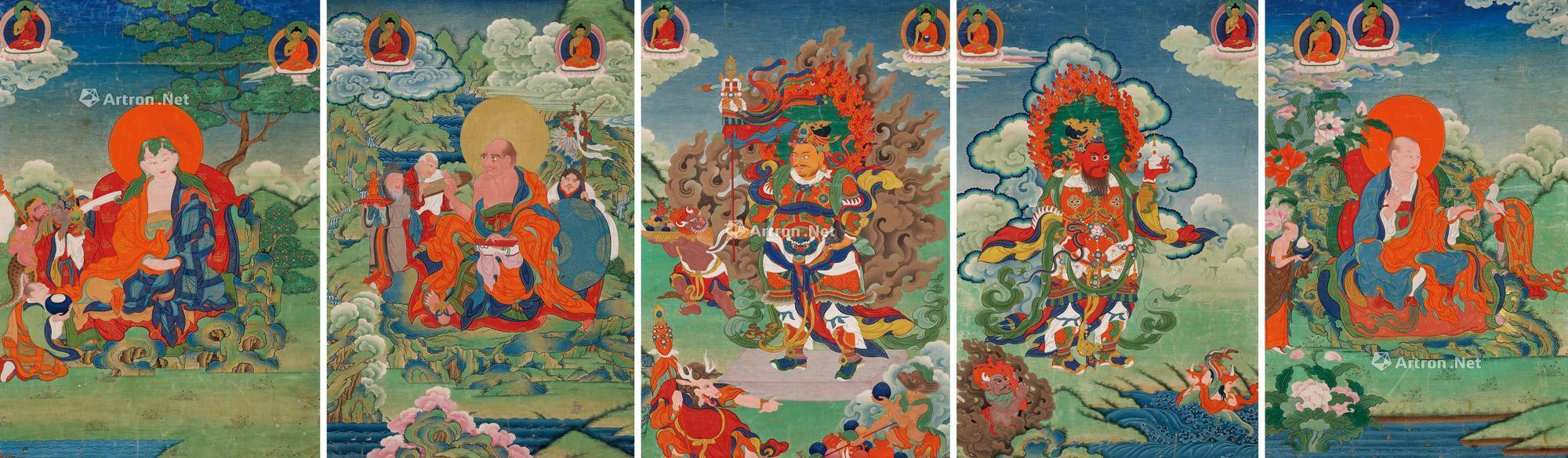 A SET OF FIVE THANGKAS OF ARHATS AND GUARDIANS 
