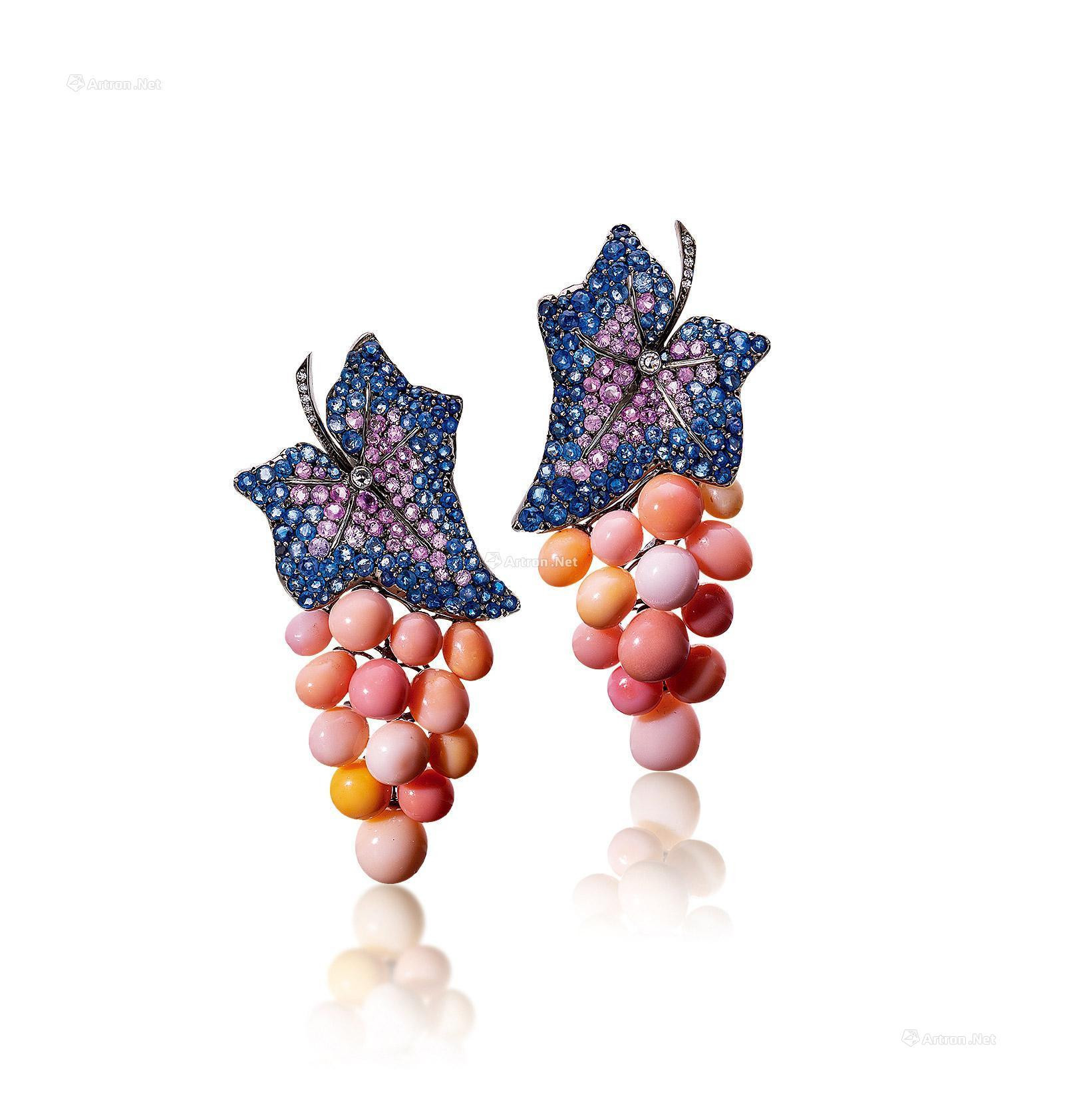 A PAIR OF CONCH PEARL AND MULTI-COLORED SAPPHIRE EARRINGS