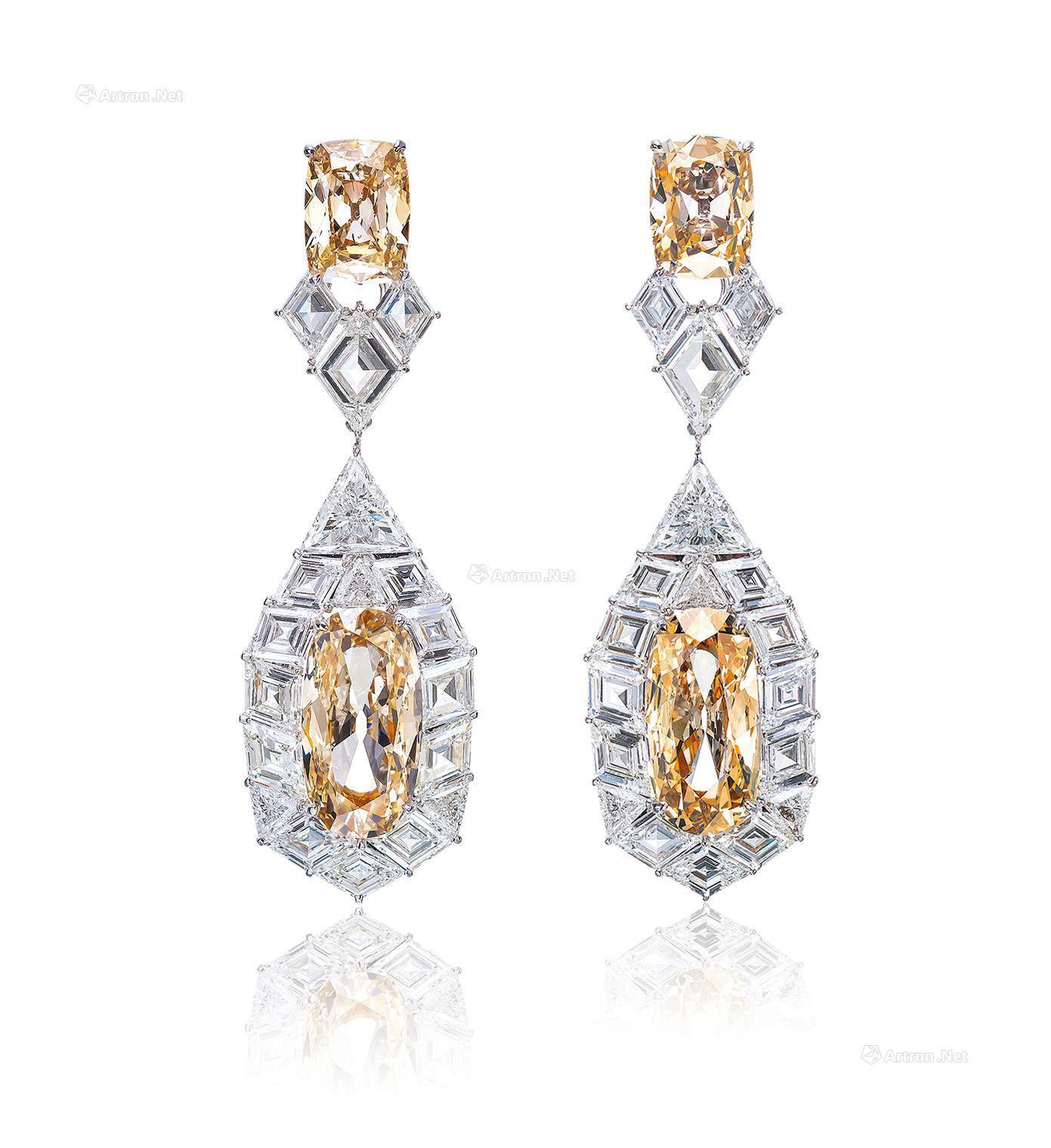 A PAIR OF 7.02 AND 6.11 CARAT LIGHT BROWN DIAMOND AND DIAMOND EARRINGS
