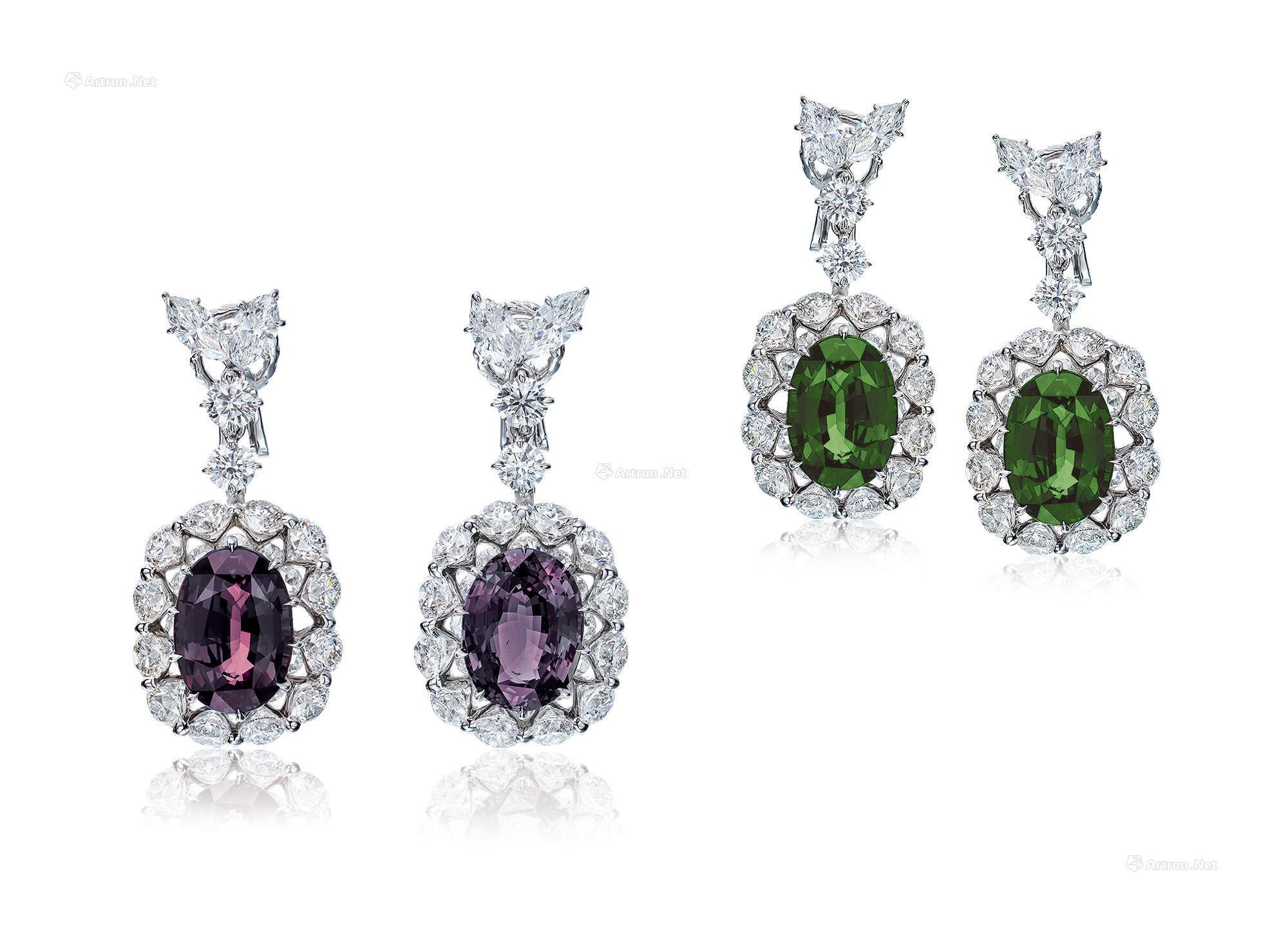 A PAIR OF 10.44 AND 10.10 CARAT ALEXANDRITE AND DIAMOND EAR PENDANTS