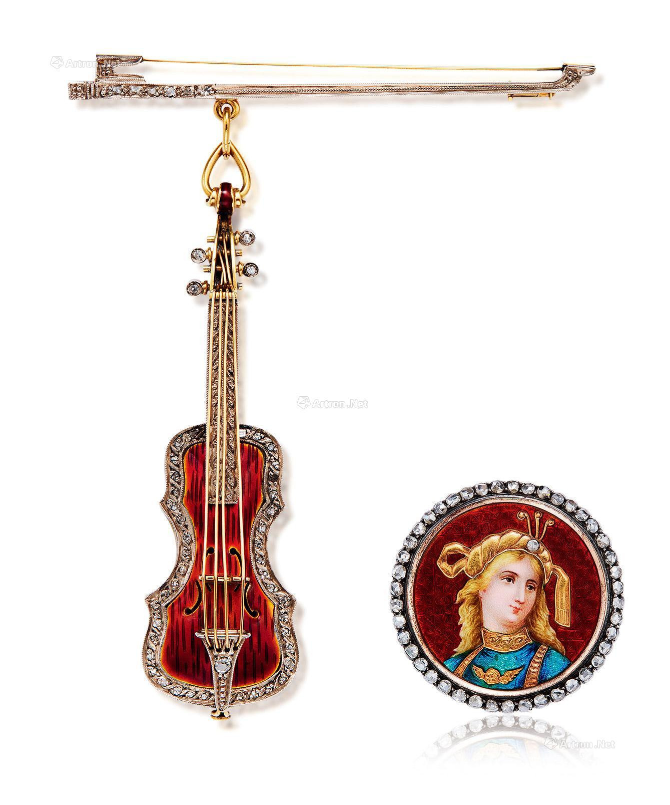 A SET OF ENAMEL‘PRINCE’AND‘VIOLIN’ BROOCHES