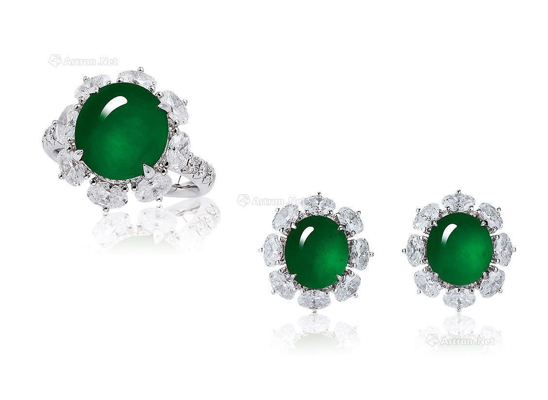 A SET OF JADEITE AND DIAMOND RING AND EARRings