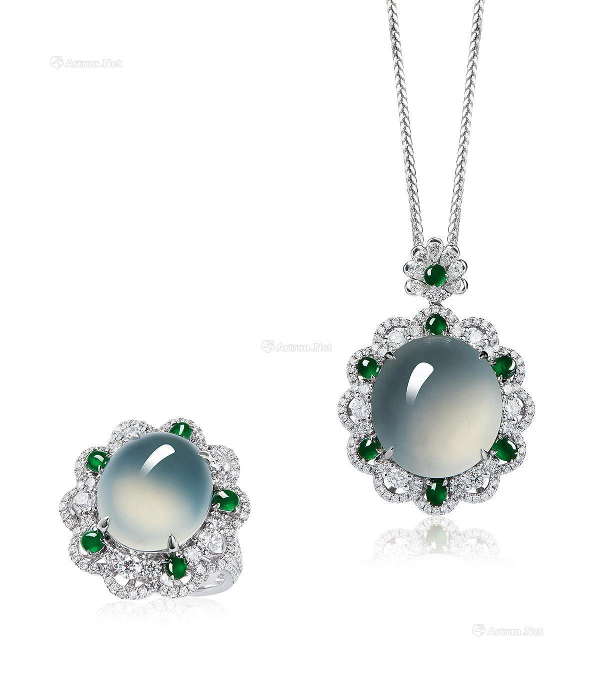 A SET OF ICY JADEITE and diamond pendant AND ring