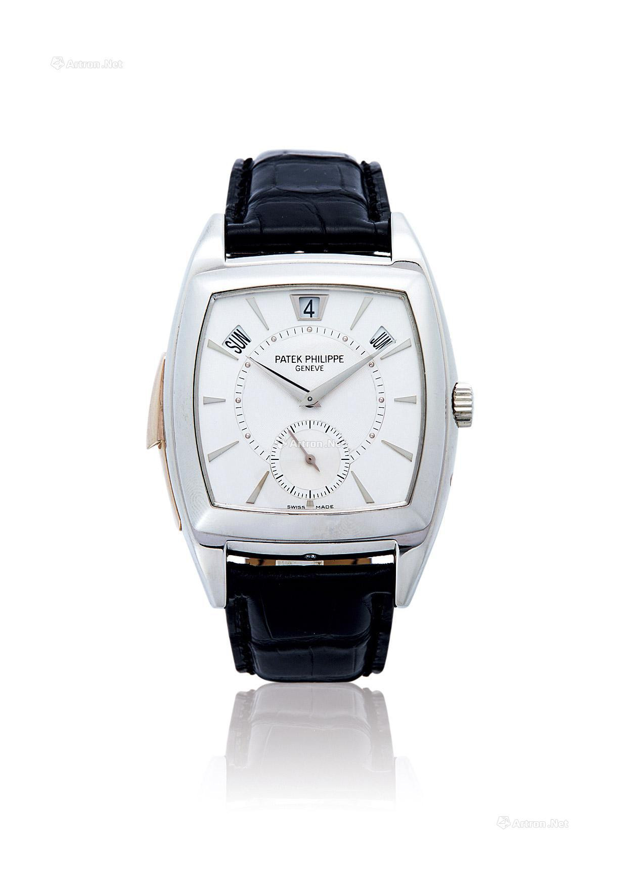 PATEK PHILIPPE  AN EXTREMELY EXCEPTIONAL AND RARE PLATINUM TONNEAU-SHAPED MINUTE REPEATING ANNUAL CALENDAR MECHANICAL WRISTWATCH， WITH SMALL SECONDS， DATE， DAY， MONTH INDICATORS， CERTIFICATE OF ORIGIN